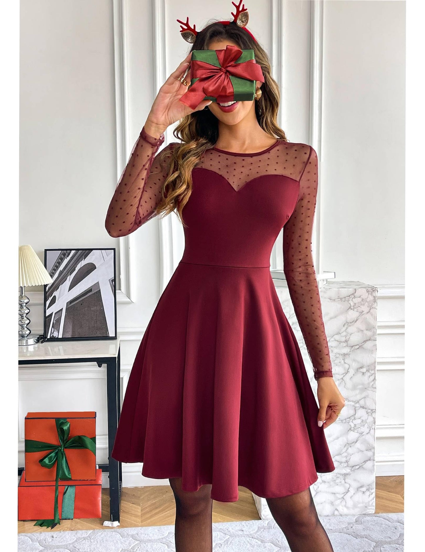 Zeagoo Kleid Damen Elegant Spitze A Linie Partykleid Hohe Taille Cocktailkleid Minikleid Festliches Kleid Einfarbig Mesh Kleid Sexy Swing Kleider S-XXL