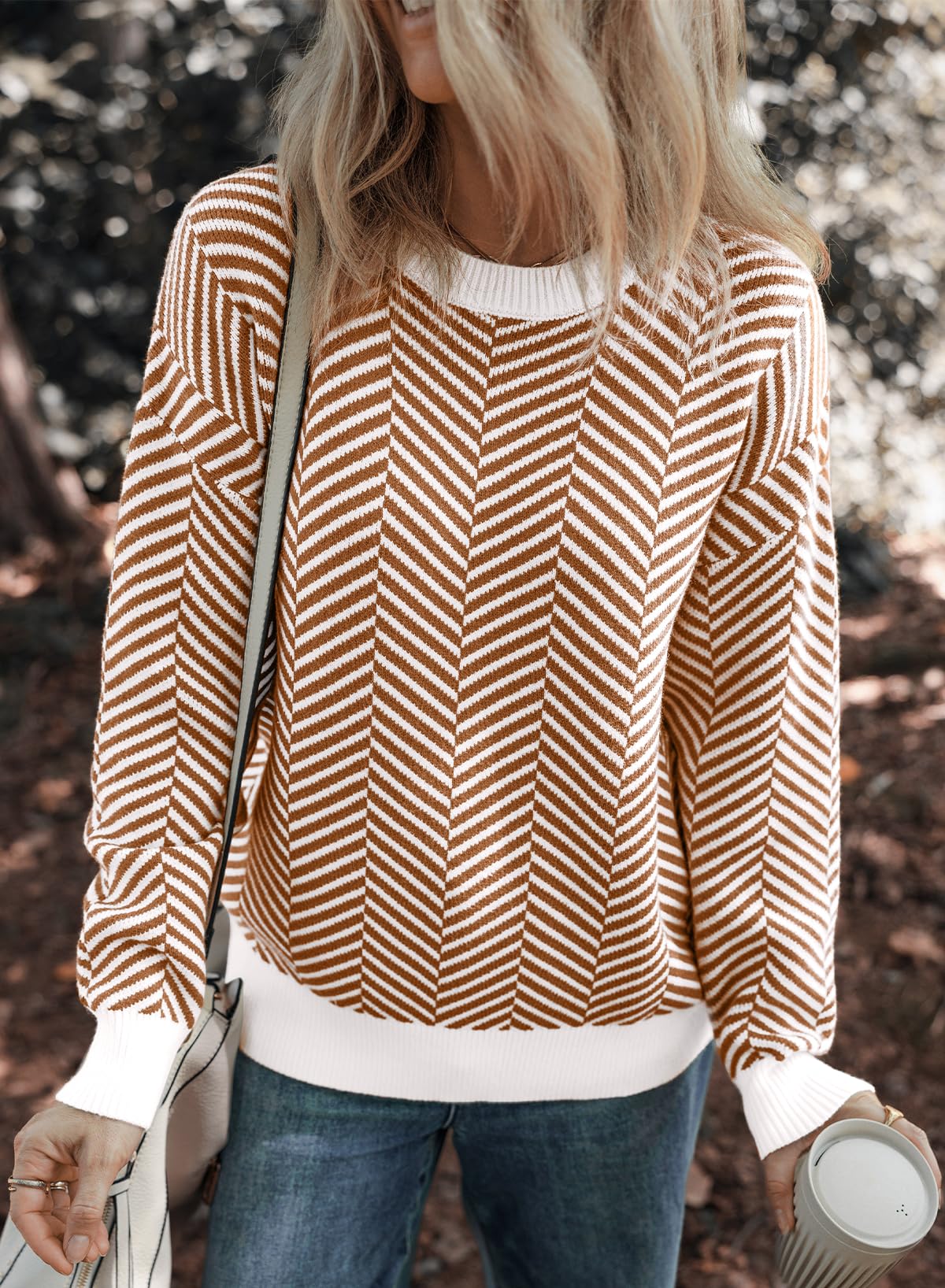 Dokotoo Damen Pullover Elegant Rundhals Gestreifter Strickpullover Warm Herbst Winterpullover Pulli Sweater S-XXL