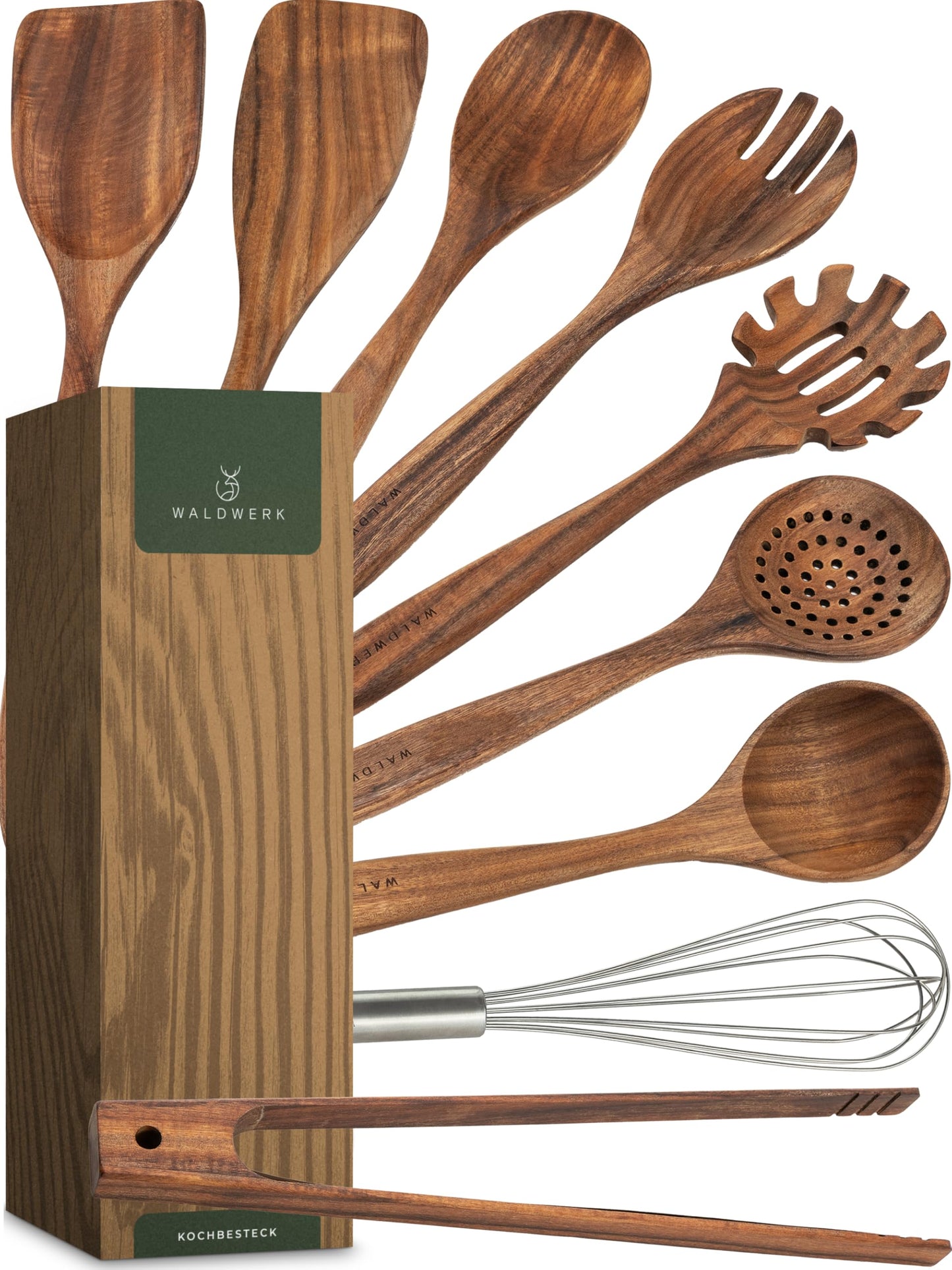 WALDWERK Küchenhelfer Set aus Teakholz - 4 teiliges Kochlöffel Set mit Pfannenwender, Holzlöffel, Nudelschöpfer und Halterung - Kochlöffel Holz - Pfannenwender Holz - Kochutensilien Set