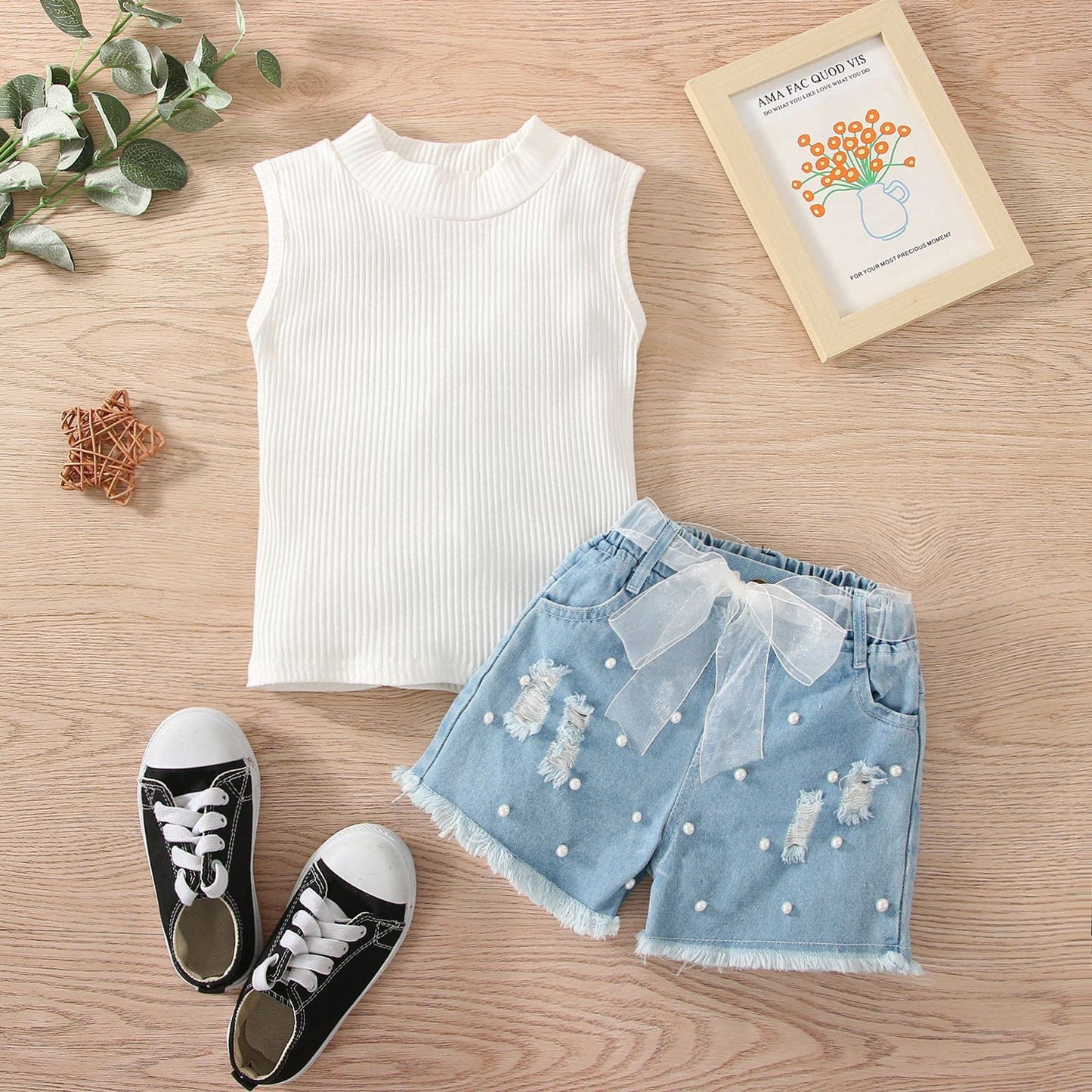 Kleinkind Kinder Baby Mädchen ärmellose Weste T-Shirt Tops Denim zerrissene Jeans Shorts 2er Set Sommer Outfits Kleid Baby Mädchen (White, 2-3 Years)