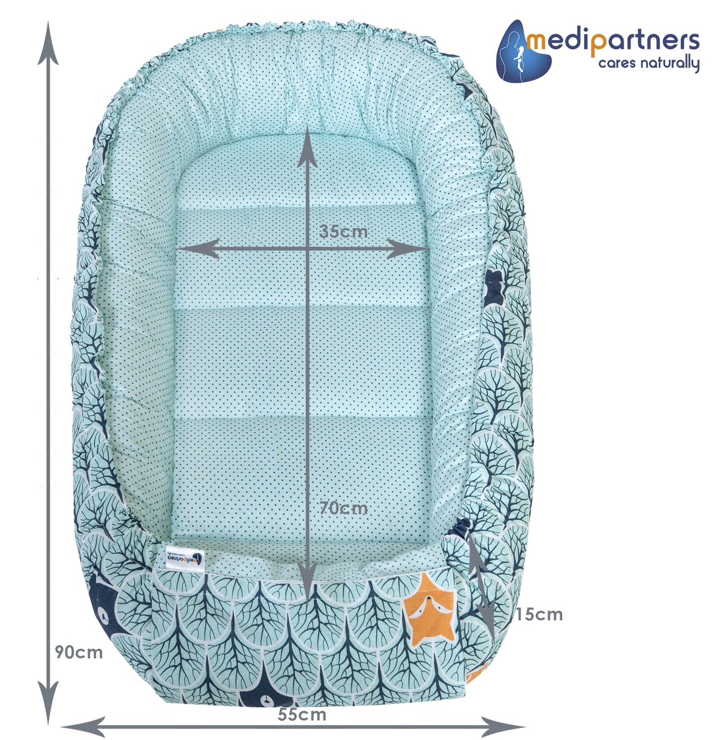 Medi Partners Babynest Nestchen Baby Set für Neugeborene - 100x60x15 Kuschelnest 5 teilig tragbar Nest zweiseitig Babynestchen Bett 100% Baumwolle (Lichtung mit grauem Minky)