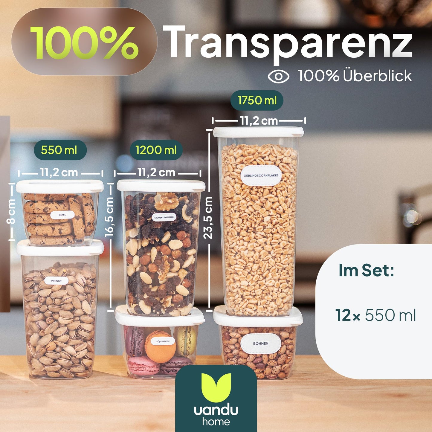 uandu Vorratsdosen mit Deckel Luftdicht - 12er Vorratsbehälter Set | Aufbewahrungsbox Küche Aufbewahrung & Organisation | BPA Frei | Küchen Organizer | Vorratsdosen für alle trockenen Lebensmittel