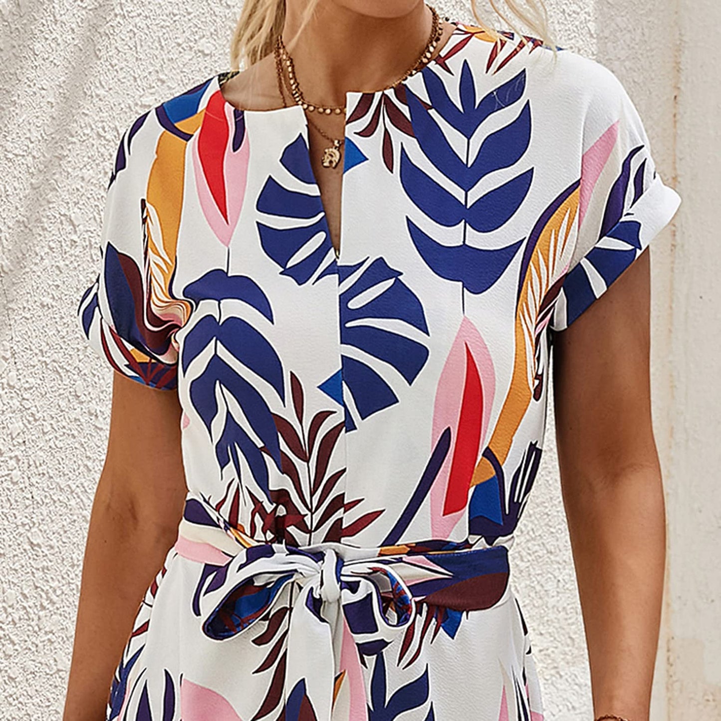 Ajpguot Sommerkleid Damen Elegant Kleider Kurzarm V-Ausschnitt Strandkleid Blumen Knielang Kleid mit Gürtel Partykleid Abendkleid