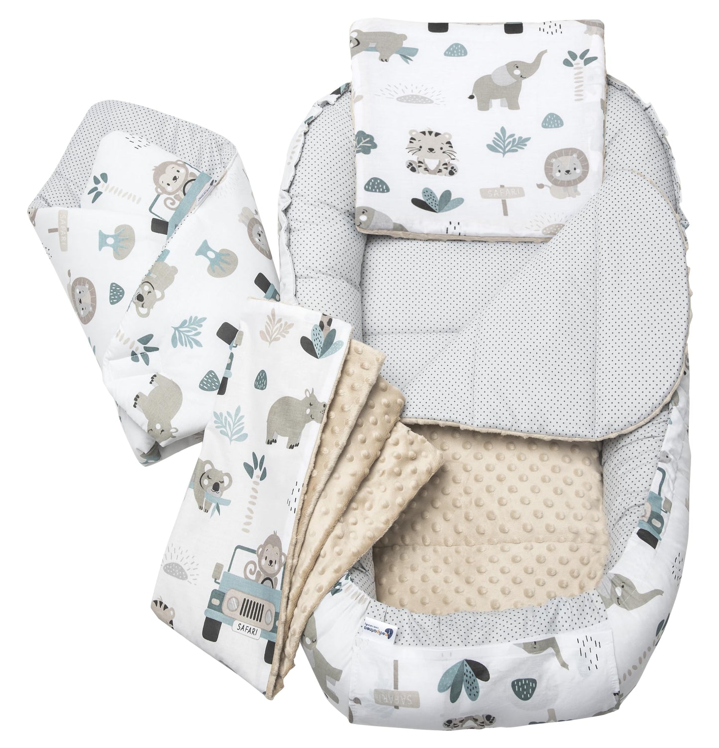 Medi Partners Babynest Nestchen Baby Set für Neugeborene - 100x60x15 Kuschelnest 5 teilig tragbar Nest zweiseitig Babynestchen Bett 100% Baumwolle (Lichtung mit grauem Minky)