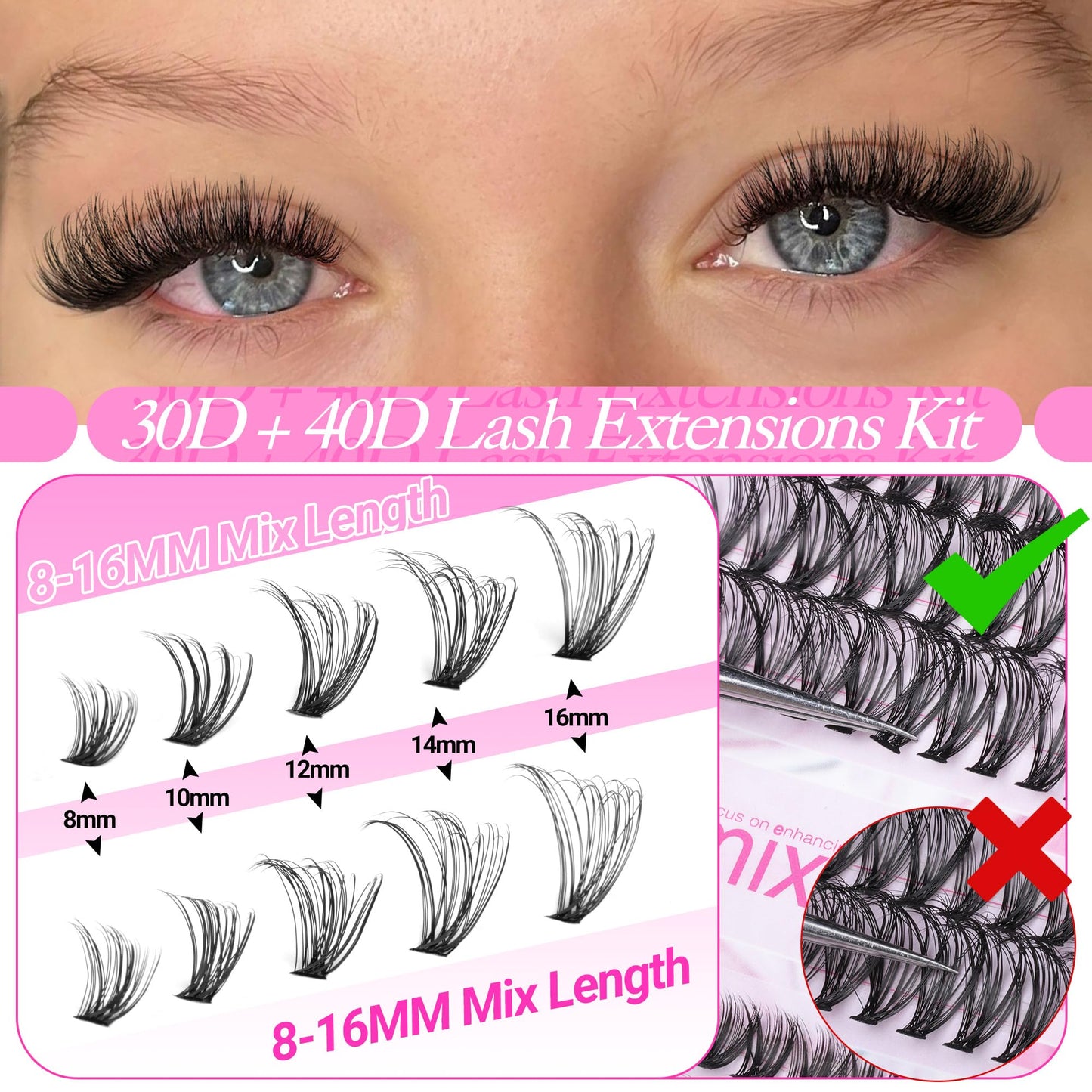 Wimpern Extensions Set Künstliche Wimpern Natürliche DIY Wimpernverlängerung Cluster Wimpern 16MM Individuelle Lashes Kit 40D Nerz Wimpern Fluffy mit Lash Bond und Seal Lash Tweezers