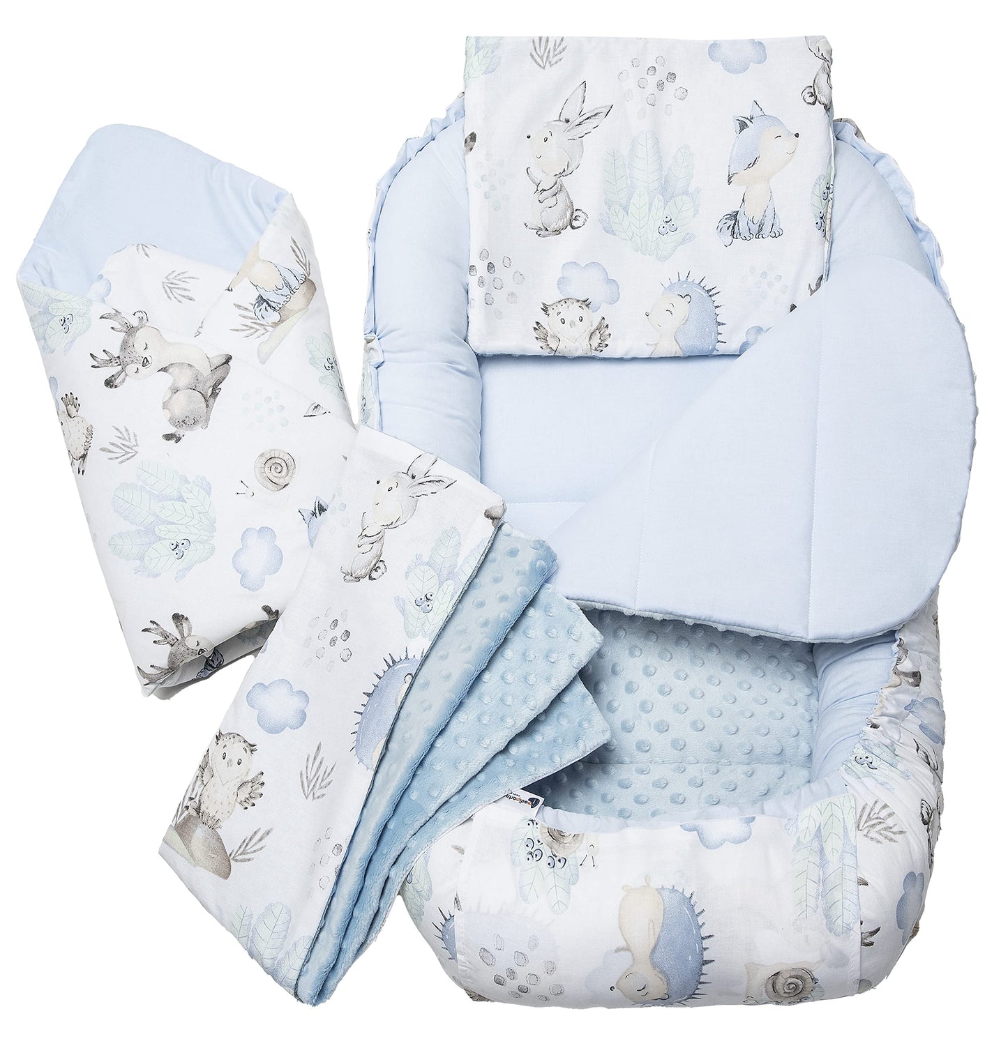Medi Partners Babynest Nestchen Baby Set für Neugeborene - 100x60x15 Kuschelnest 5 teilig tragbar Nest zweiseitig Babynestchen Bett 100% Baumwolle (Lichtung mit grauem Minky)