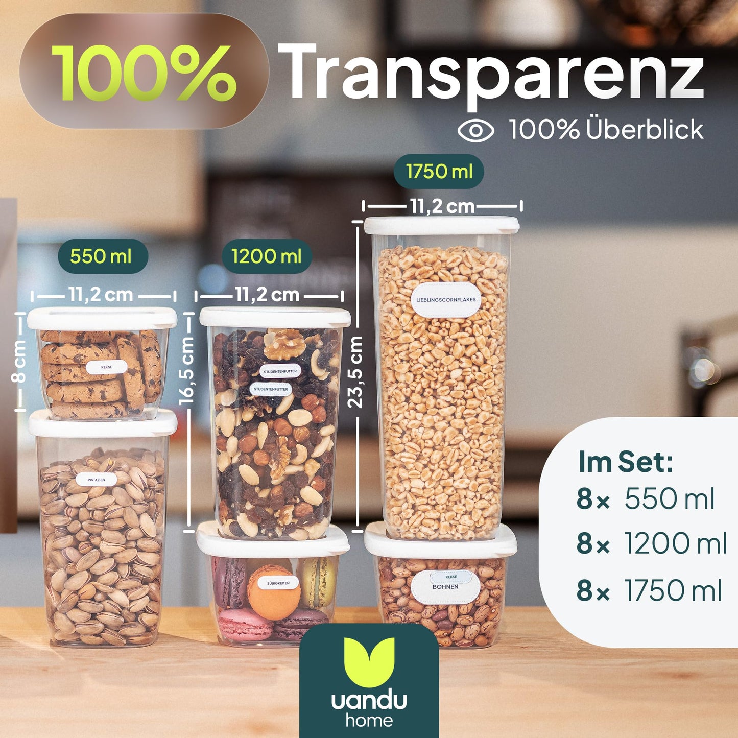 uandu Vorratsdosen mit Deckel Luftdicht - 12er Vorratsbehälter Set | Aufbewahrungsbox Küche Aufbewahrung & Organisation | BPA Frei | Küchen Organizer | Vorratsdosen für alle trockenen Lebensmittel