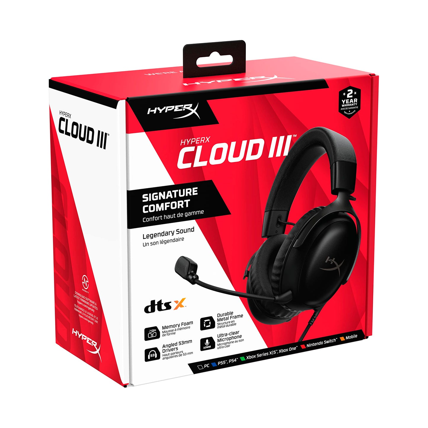 HyperX Cloud III – Kabelgebundenes Gaming-Headset, PC, PS5, Xbox Series X|S, abgewinkelte 53mm-Treiber, DTS, Memory-Schaum, Stabiler Rahmen, ultraklares 10mm-Mikrofon, USB-C, USB-A, 3,5mm, Schwarz