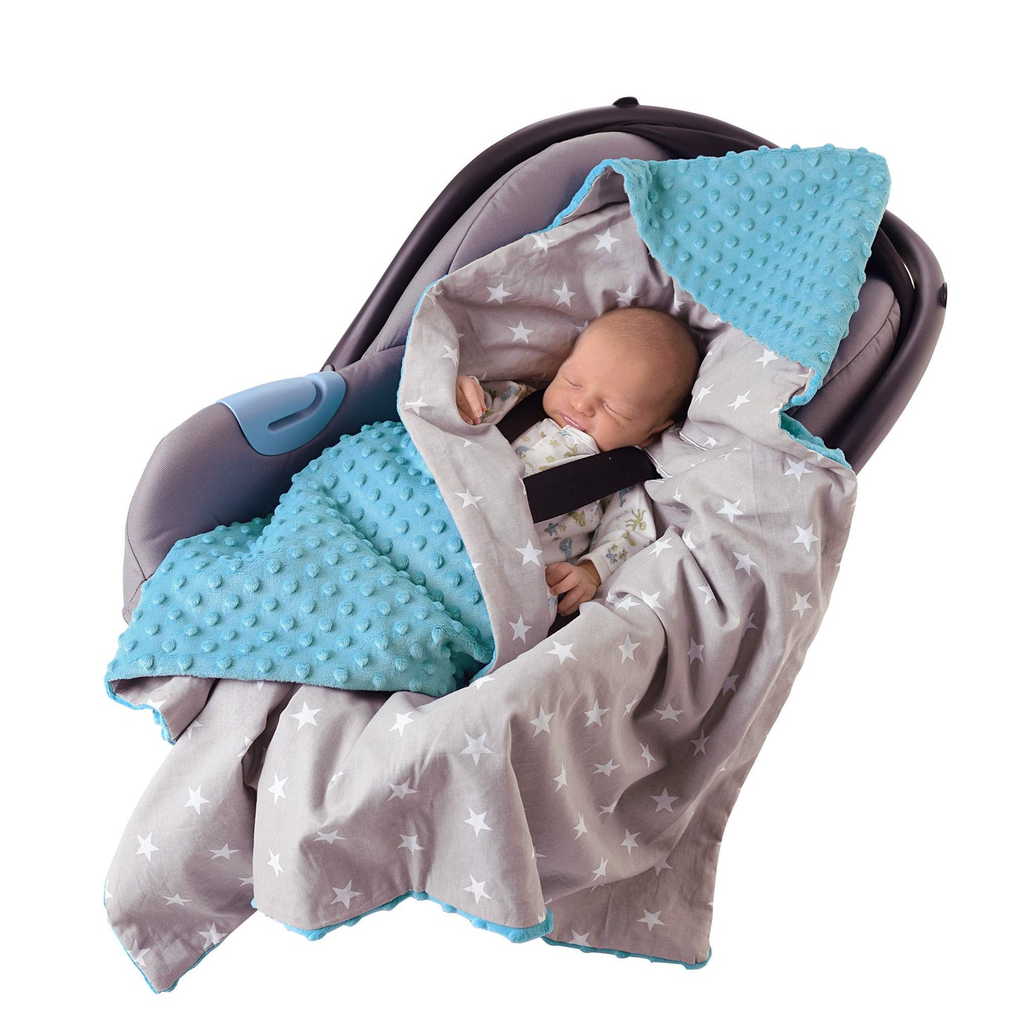 Medi Partners Einschlagdecke Baby Babyschale 100% Baumwolle für Sommer 85x85cm Kinderwagen Kuscheldecke universal Baby Decke Einschlagdecken Babydecke Buggy Autositz (weiße Sterne mit grauen Minky