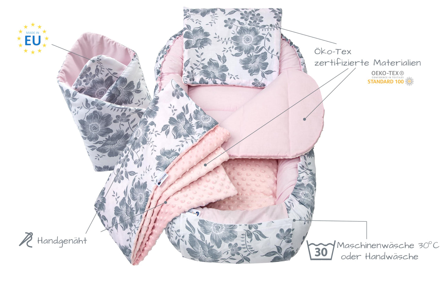 Medi Partners Babynest Nestchen Baby Set für Neugeborene - 100x60x15 Kuschelnest 5 teilig tragbar Nest zweiseitig Babynestchen Bett 100% Baumwolle (Lichtung mit grauem Minky)
