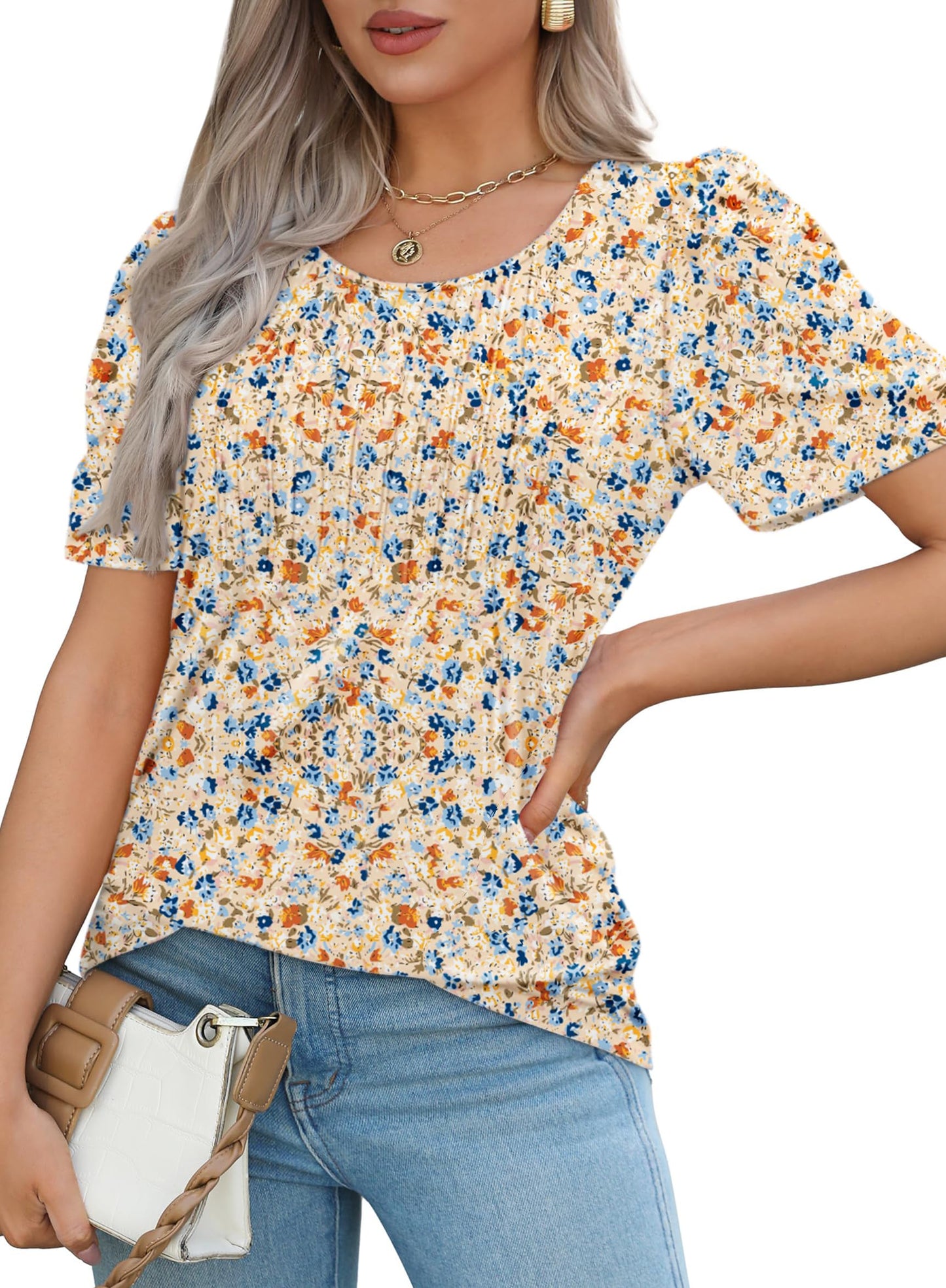 Cuptacc Tshirt Damen Rundhals Mit Falten Locker Puffärmel T-Shirt Elegant Kurzarm Geblümt/Einfarbig Top Damen