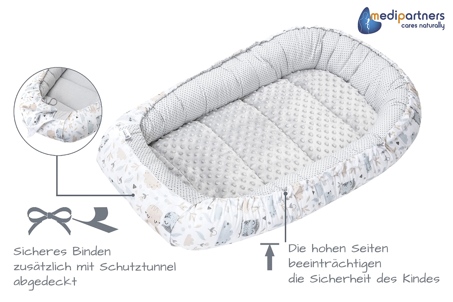 Medi Partners Babynest Nestchen Baby Set für Neugeborene - 100x60x15 Kuschelnest 5 teilig tragbar Nest zweiseitig Babynestchen Bett 100% Baumwolle (Lichtung mit grauem Minky)