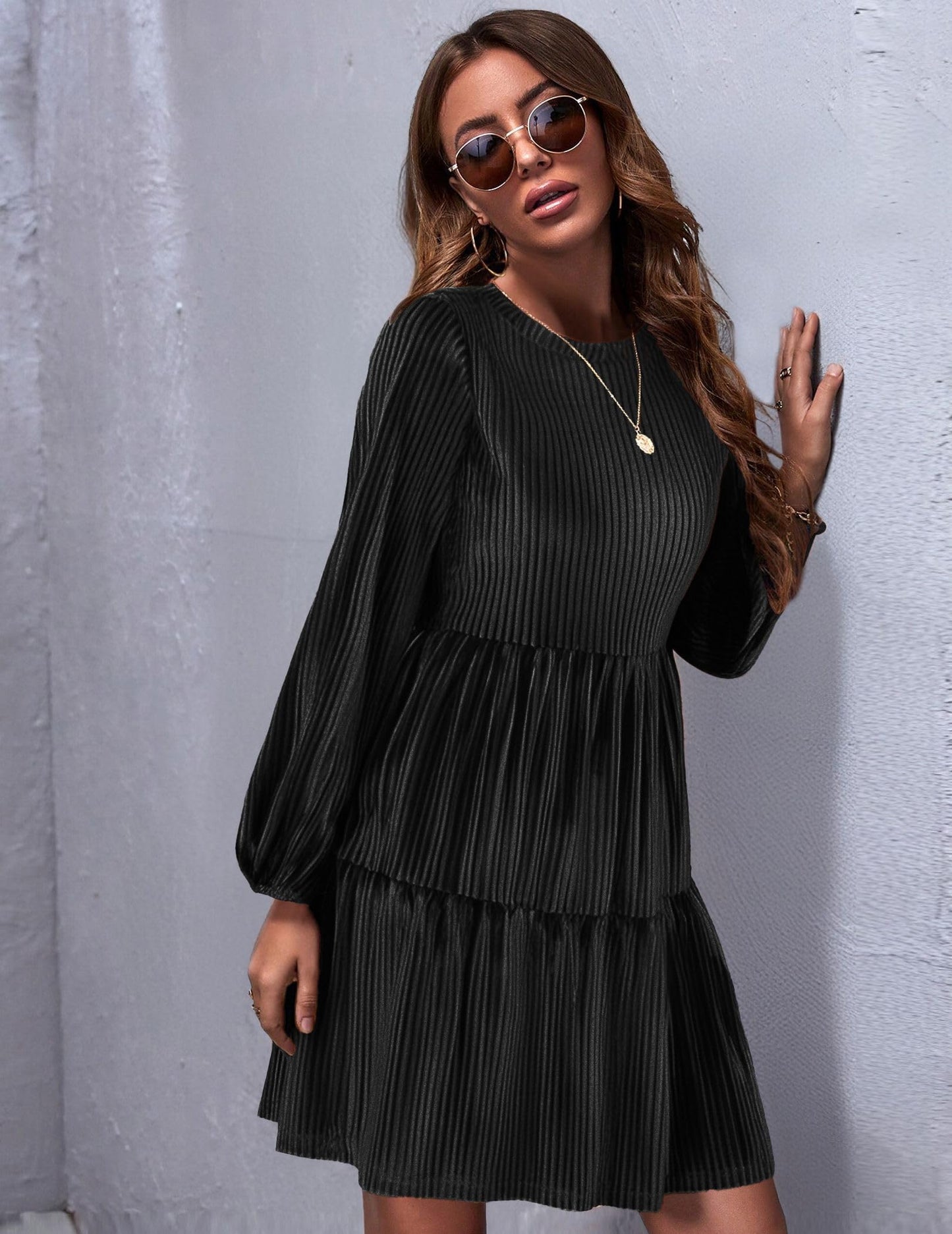 Zeagoo Damen Kleider Langarm Elegant Samtkleid Rundhals Rüschen A Linie Hohe Taille Freizeitkleider Winterkleid mit Taschen