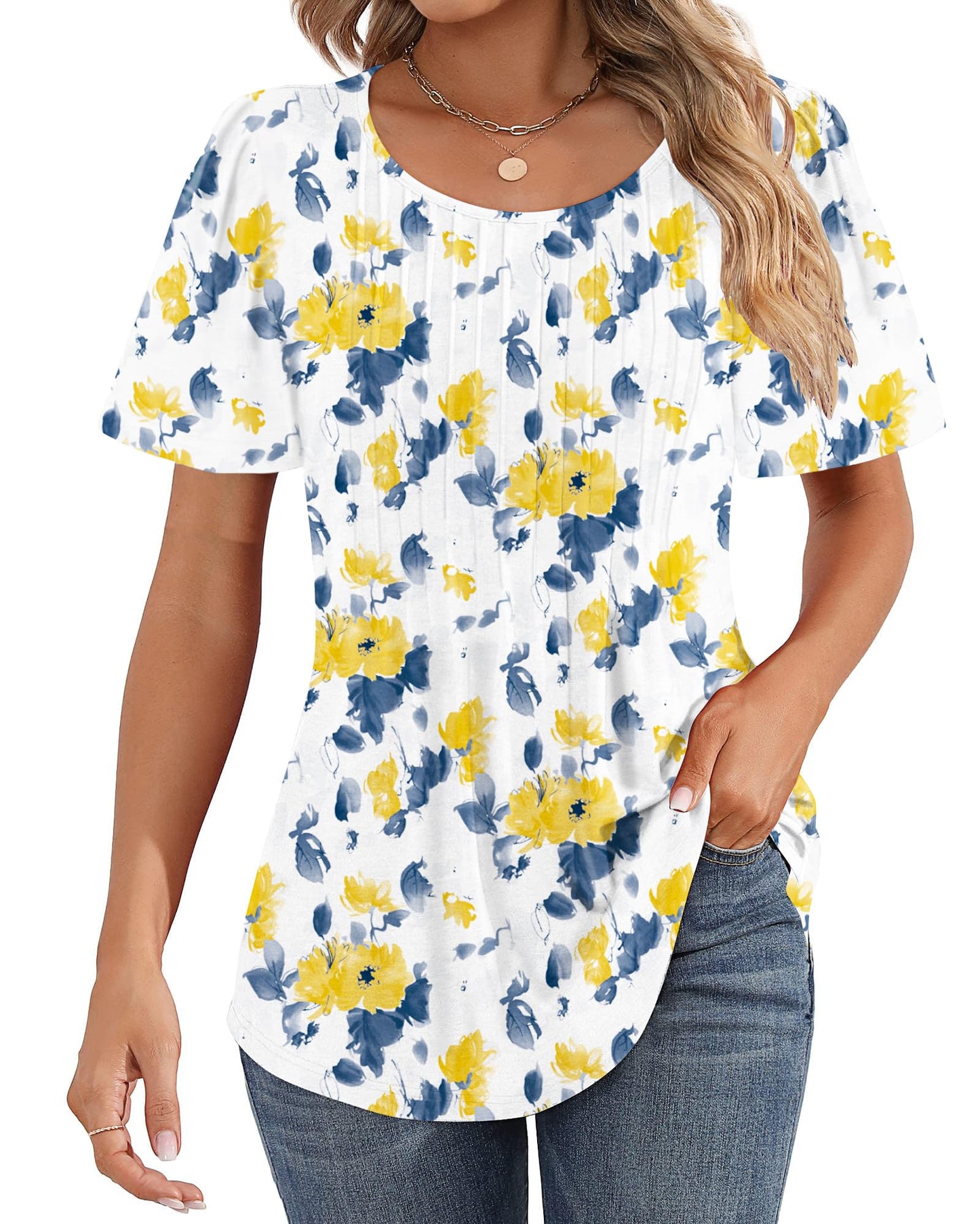 Cuptacc Tshirt Damen Rundhals Mit Falten Locker Puffärmel T-Shirt Elegant Kurzarm Geblümt/Einfarbig Top Damen