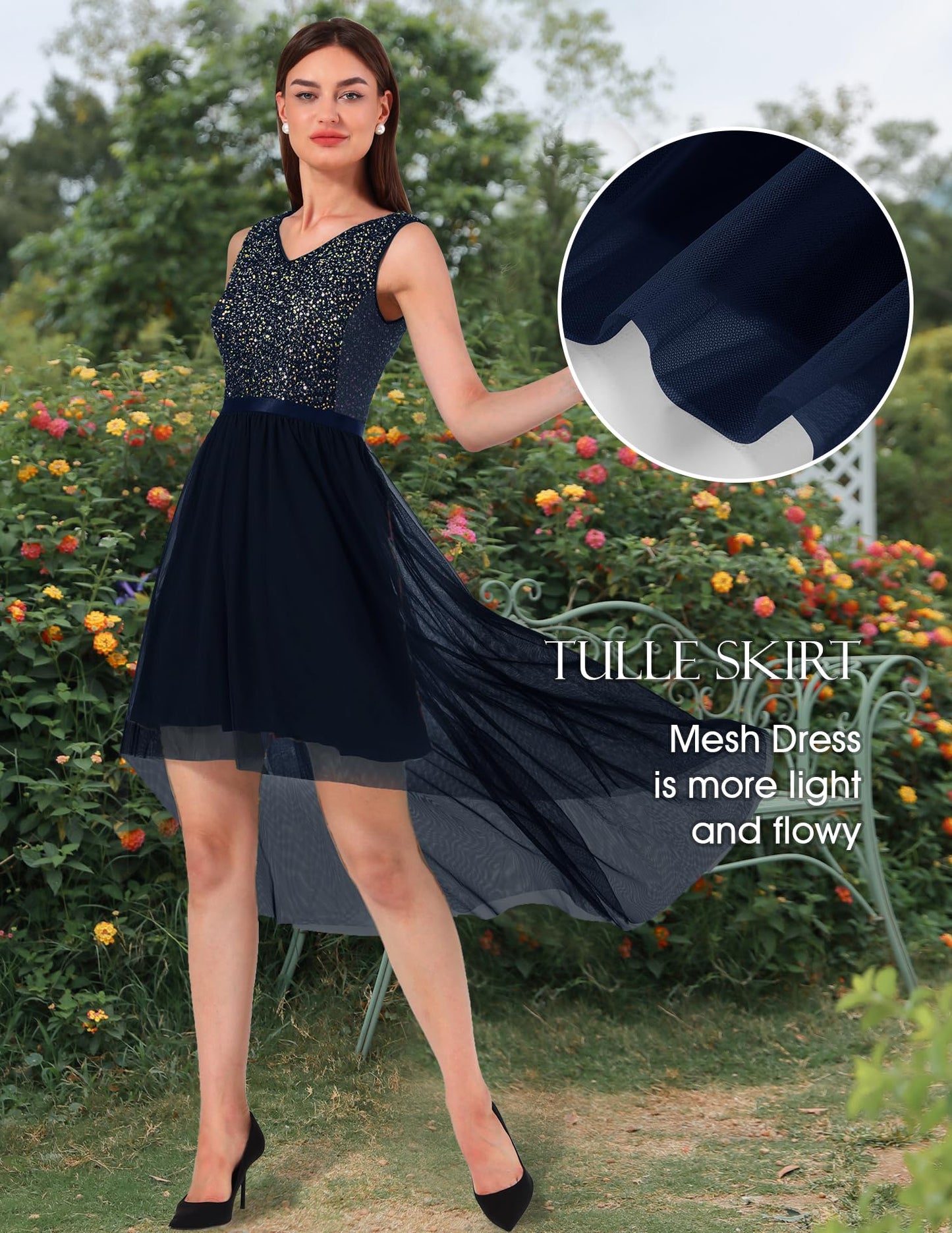 Berylove Kleid Festlich Damen Abendkleid mit Pailletten Cocktailkleid Ballkleid Lang Glitzer V Ausschnitt Ärmellos Tüllkleid