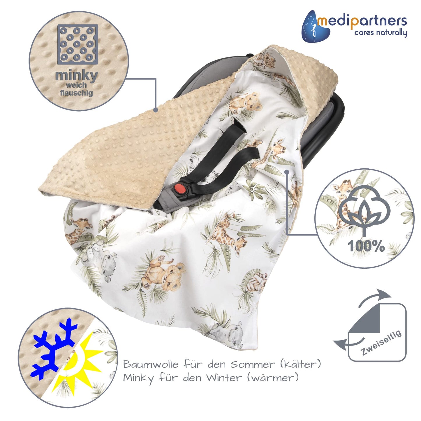 Medi Partners Einschlagdecke Baby Babyschale 100% Baumwolle für Sommer 85x85cm Kinderwagen Kuscheldecke universal Baby Decke Einschlagdecken Babydecke Buggy Autositz (weiße Sterne mit grauen Minky