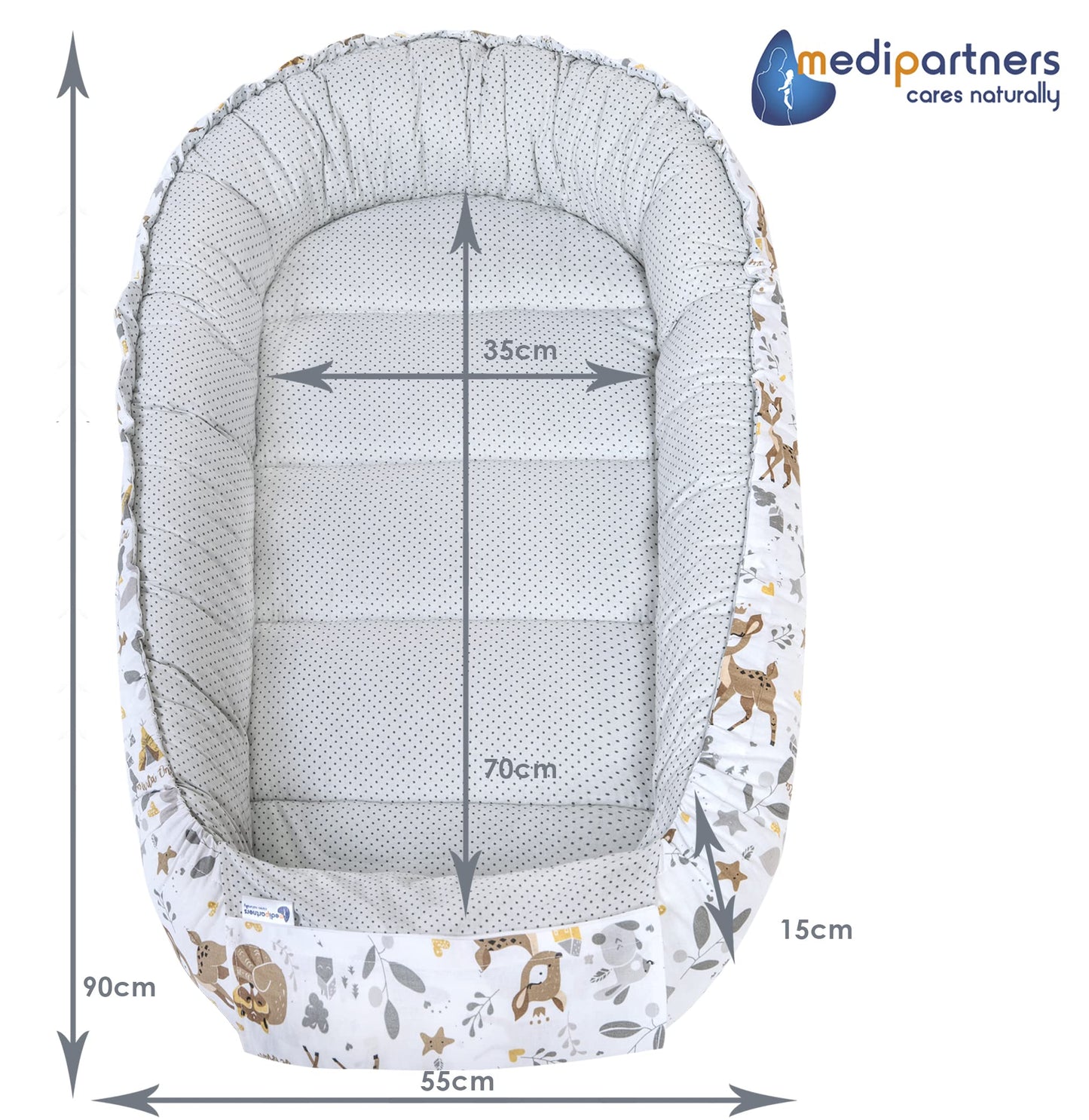 Medi Partners Babynest Nestchen Baby Set für Neugeborene - 100x60x15 Kuschelnest 5 teilig tragbar Nest zweiseitig Babynestchen Bett 100% Baumwolle (Lichtung mit grauem Minky)