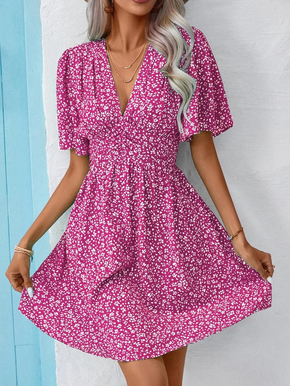 LIAMERHE Damen Elegant Kleid Langarm/Kurze Ärmel V-Ausschnitt Casual Kleider A-Linie Blumenmuster Minikleid Freizeitkleider Sommer Herbst Winter Laternenärmeln Kleid Partykleid