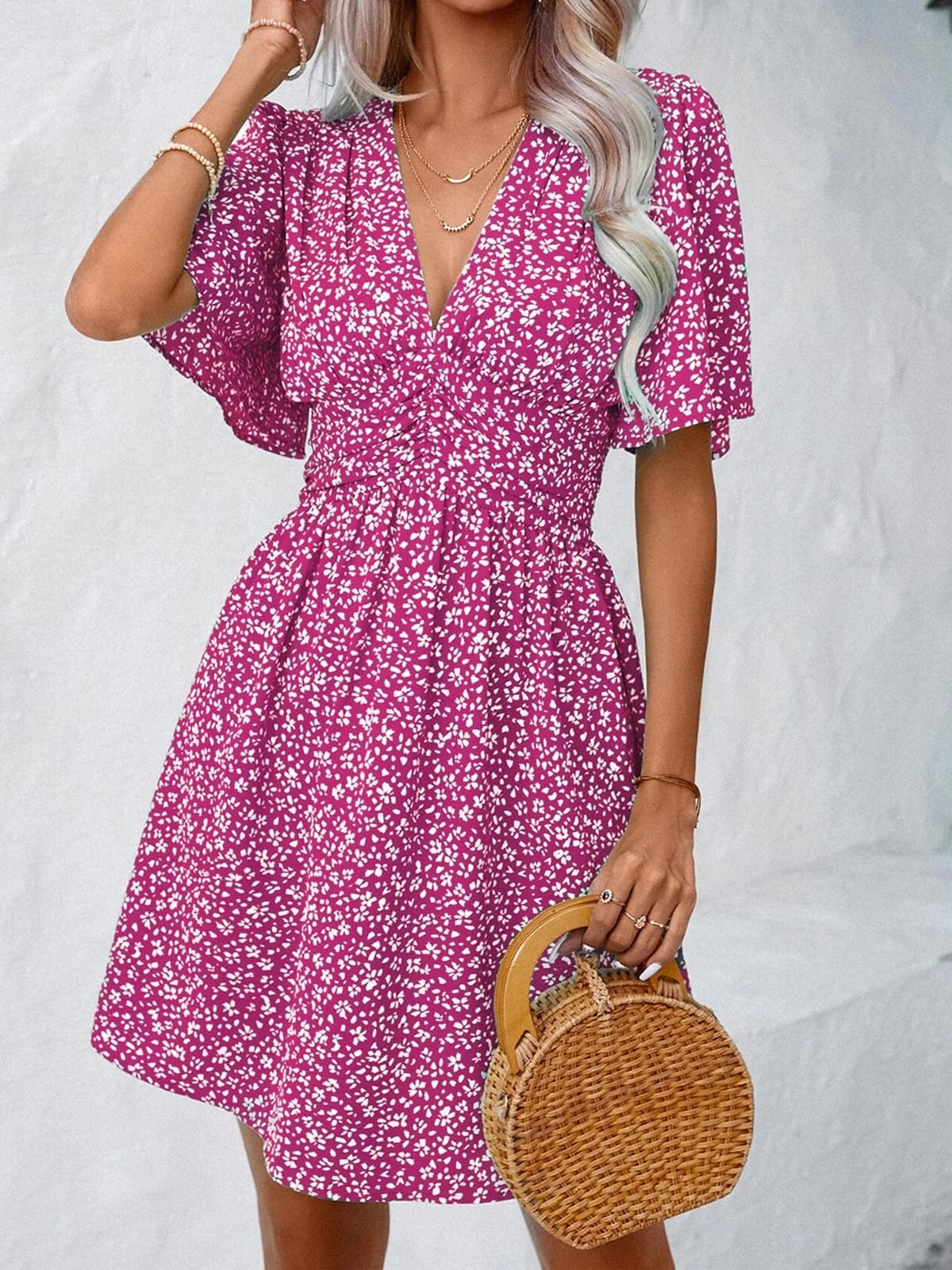 LIAMERHE Damen Elegant Kleid Langarm/Kurze Ärmel V-Ausschnitt Casual Kleider A-Linie Blumenmuster Minikleid Freizeitkleider Sommer Herbst Winter Laternenärmeln Kleid Partykleid