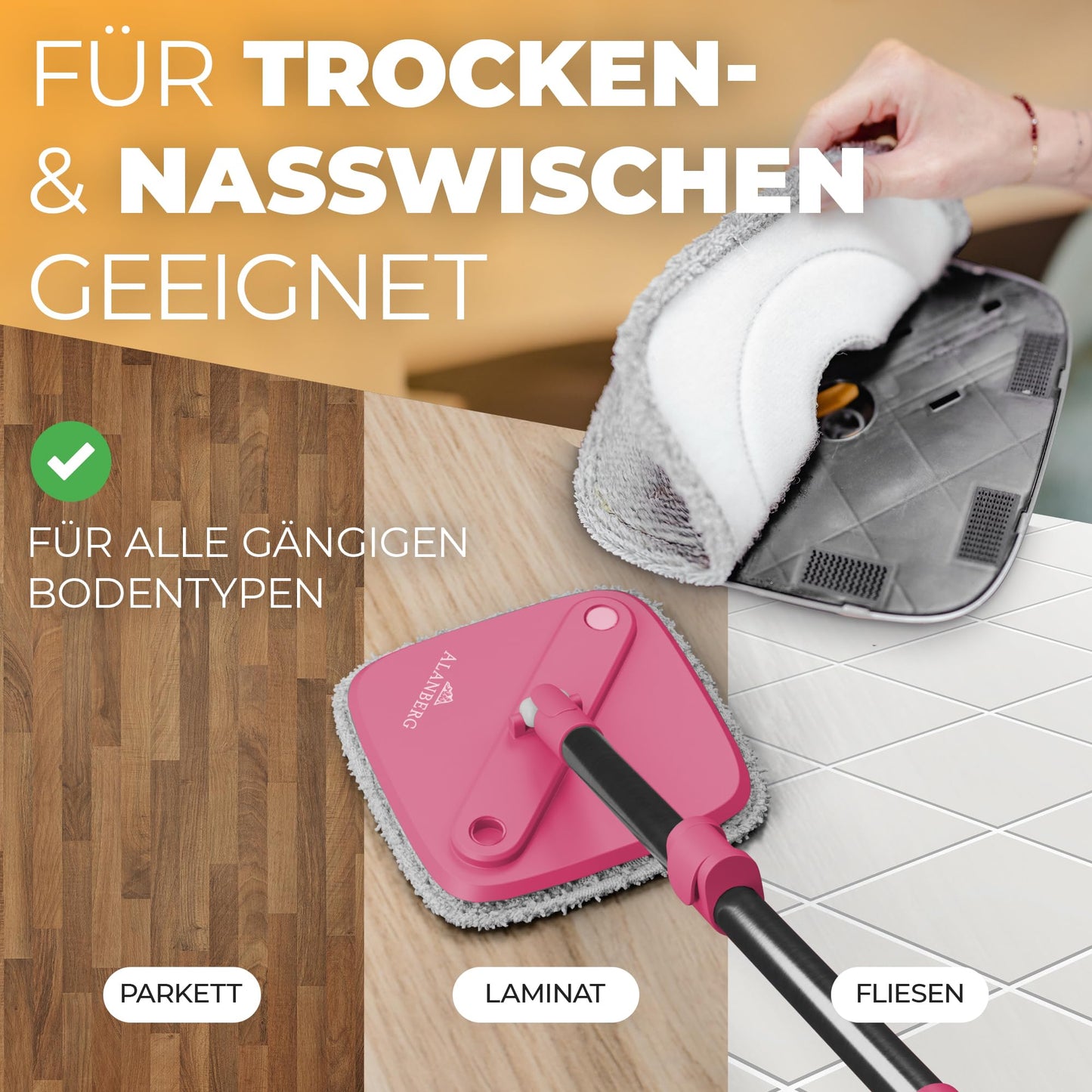 ALANBERG® Wischmopp Set mit Eimer – Zwei-Kammer-System – Trennung von Schmutz und Frischwasser – Bodenwischer für alle Bodentypen, Selbstauswringend, Mikrofaser Wischpads – Grau
