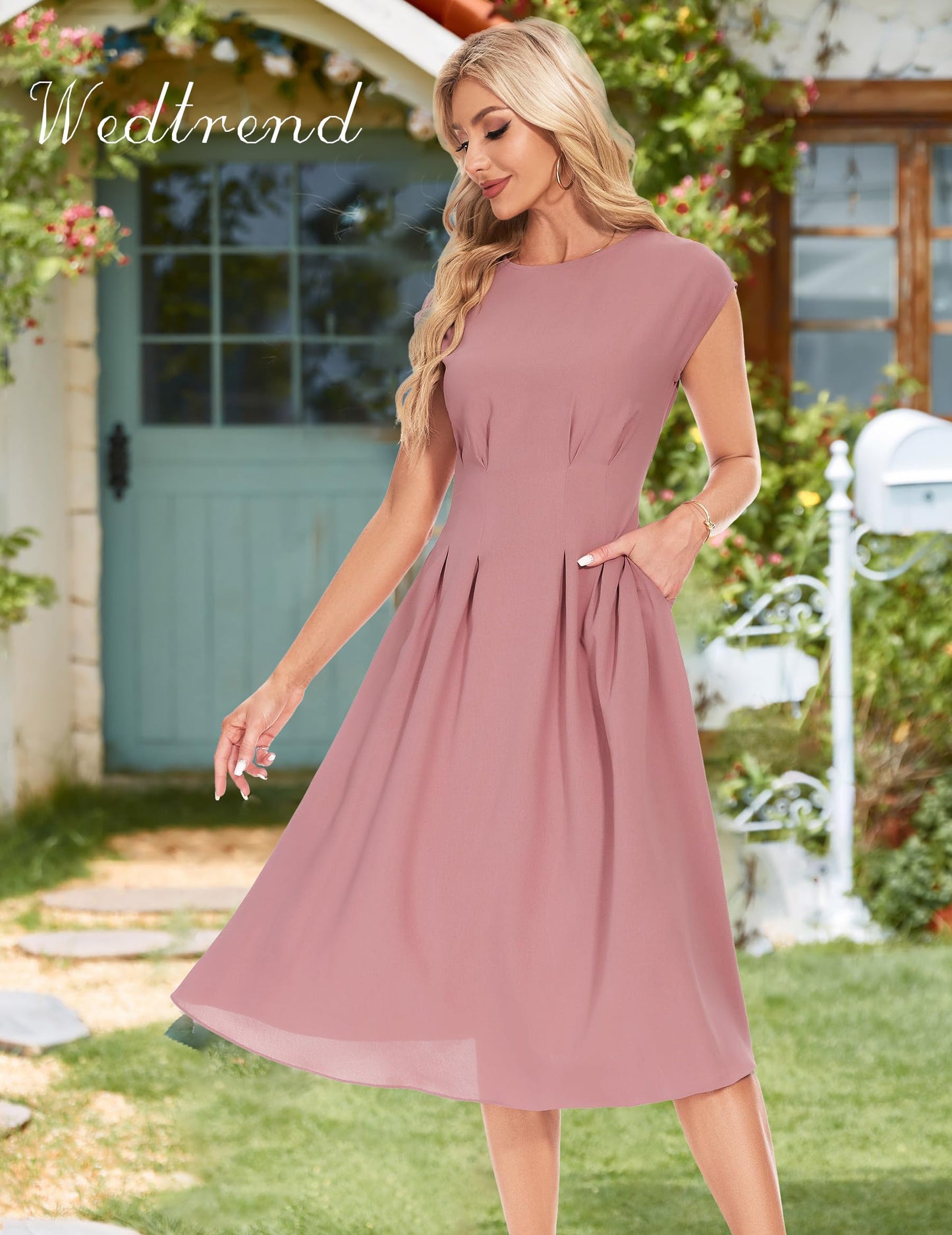Wedtrend Cocktailkleid Damen Elegant Rockabilly Kleider Damen Midi Cap Sleeves Kleid Festlich Damen 50er Vintage A Linie Abendkleid mit Taschen