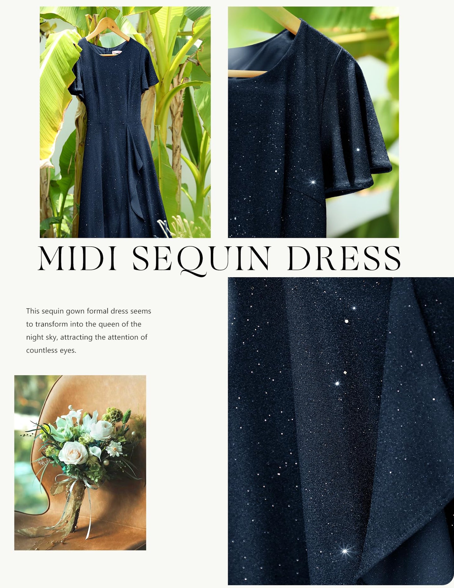 Berylove Damen Abendkleid Lang Glitzer Ballkleid mit Rüschen Saum Kleid Festliche Kleider für Hochzeit Partykleid