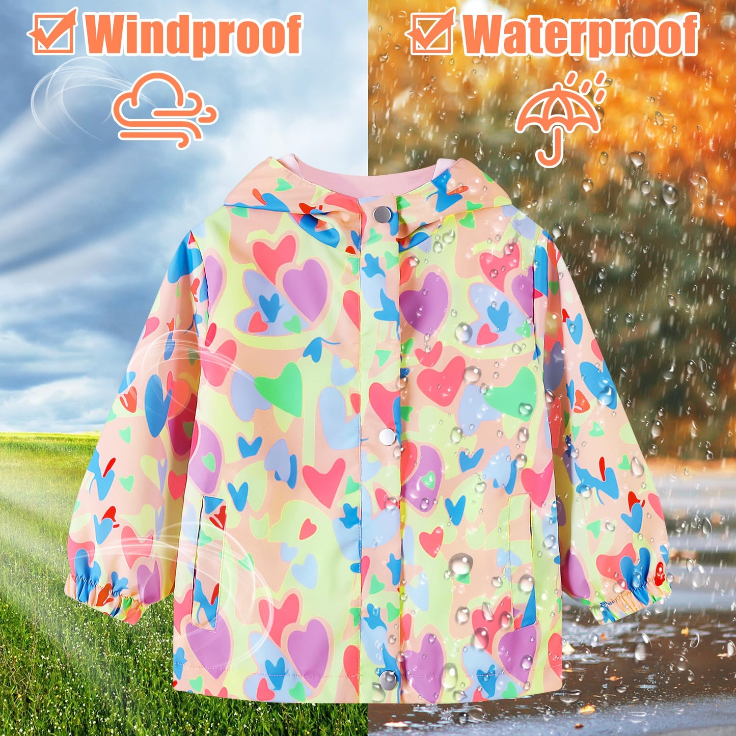 JinBei Children's Waterproof Jacket Children's Hooded Coat Windproof Jackets Long Sleeve Jacket Outdoor Lightweight Zip Coat for Boys & Girls Size 98-134