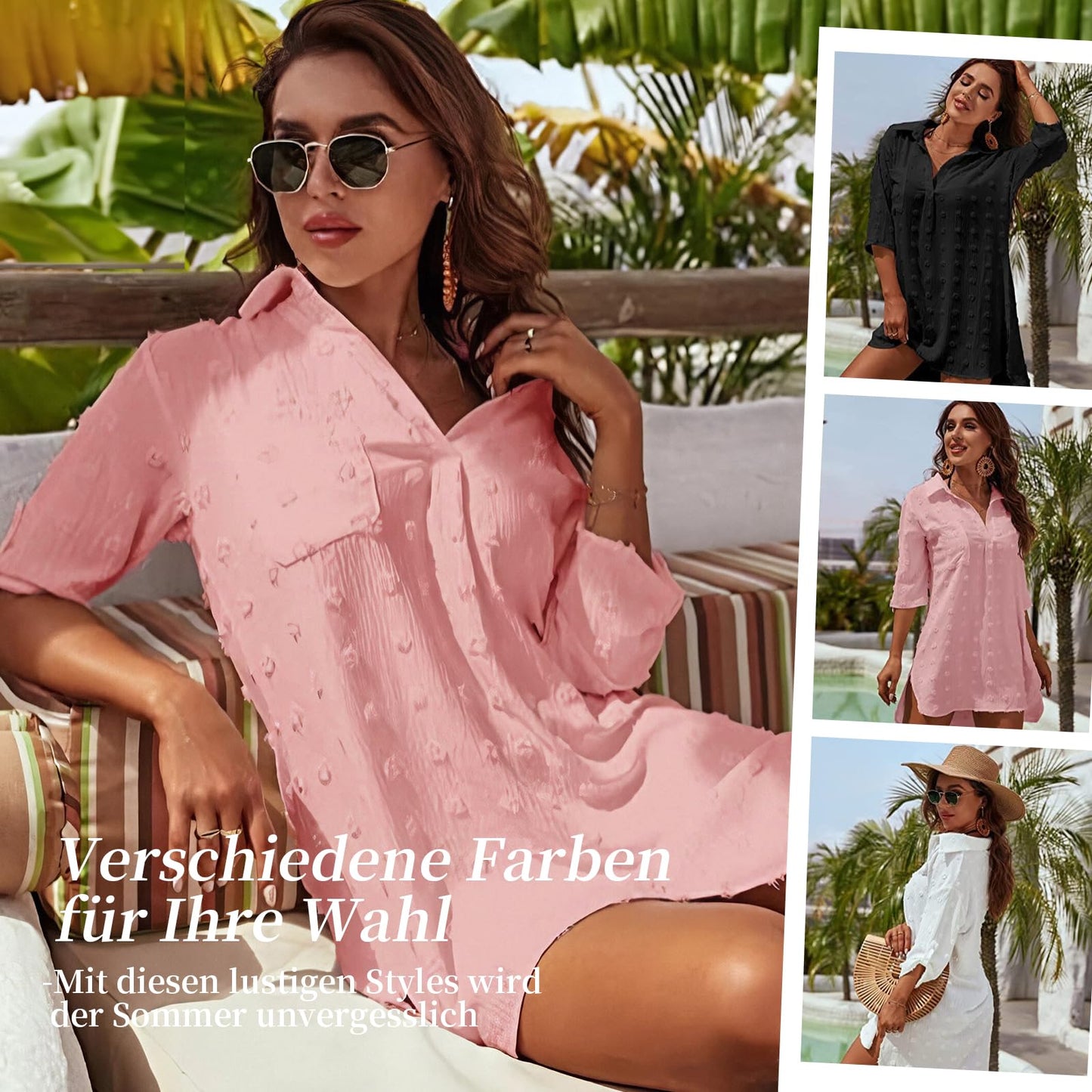 Figarge Strandkleid Damen Bikini Cover Up V-Ausschnitt Baumwolle Strandtunika Sommer Pareos Button Down Strandponcho Badeanzug Strand