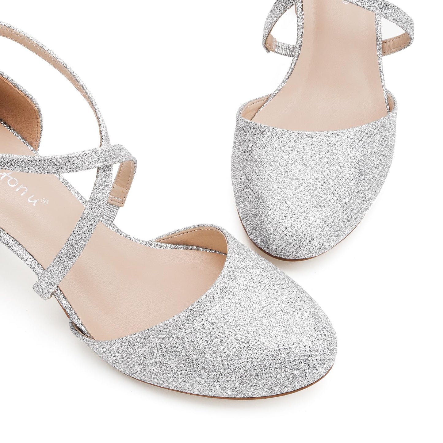 Greatonu Damen Pumps Riemchenpumps Spangenpumps Sandale mit Kreuz Knöchelriemen Blockabsatz Geschlossener Spitze Glitzer Pumps - Perfekt für Hochzeiten und Partys