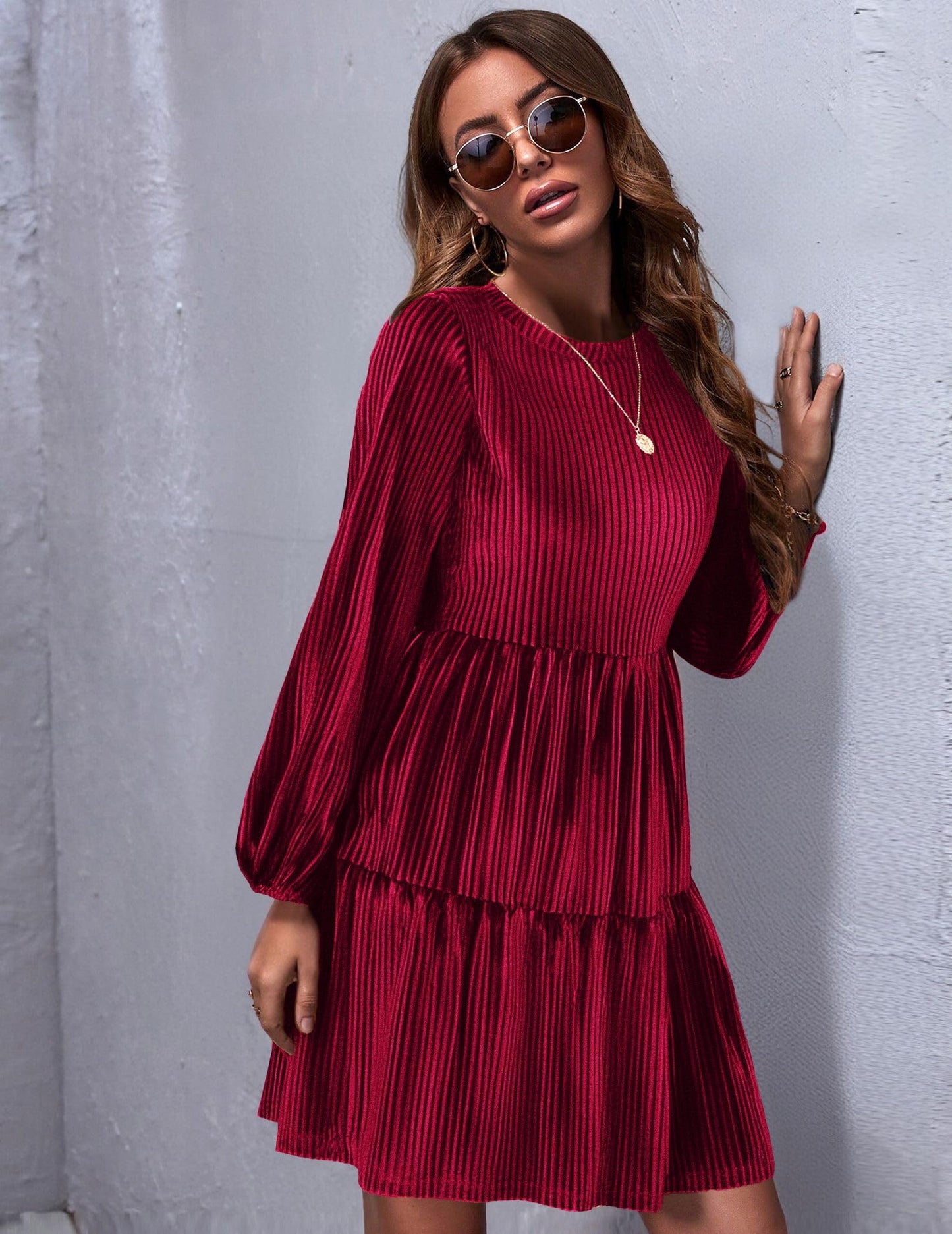 Zeagoo Damen Kleider Langarm Elegant Samtkleid Rundhals Rüschen A Linie Hohe Taille Freizeitkleider Winterkleid mit Taschen