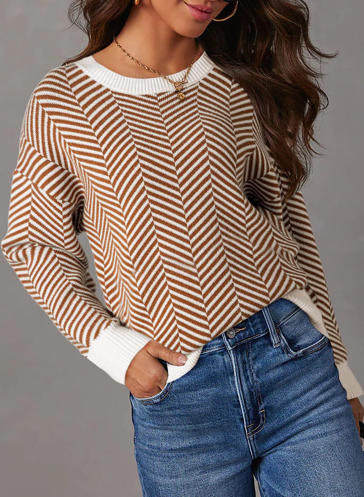 Dokotoo Damen Pullover Elegant Rundhals Gestreifter Strickpullover Warm Herbst Winterpullover Pulli Sweater S-XXL