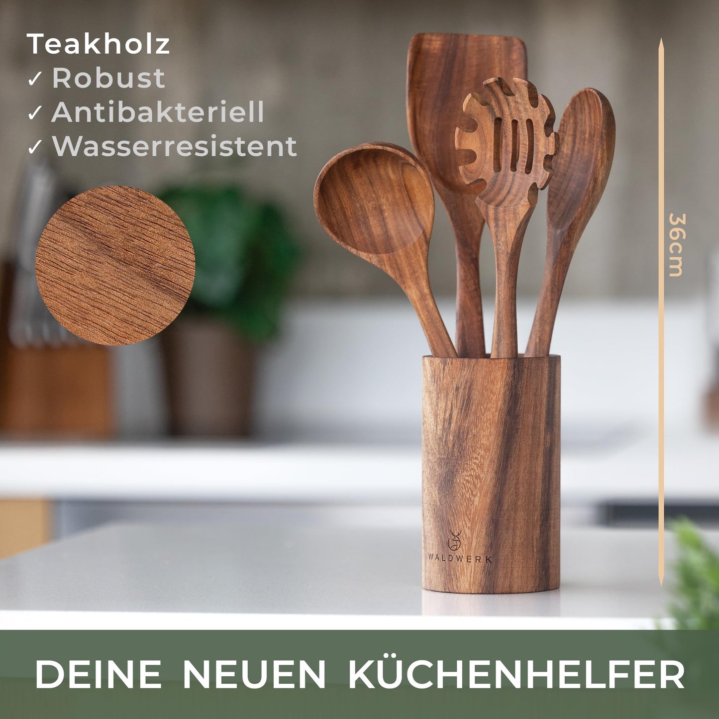 WALDWERK Küchenhelfer Set aus Teakholz - 4 teiliges Kochlöffel Set mit Pfannenwender, Holzlöffel, Nudelschöpfer und Halterung - Kochlöffel Holz - Pfannenwender Holz - Kochutensilien Set
