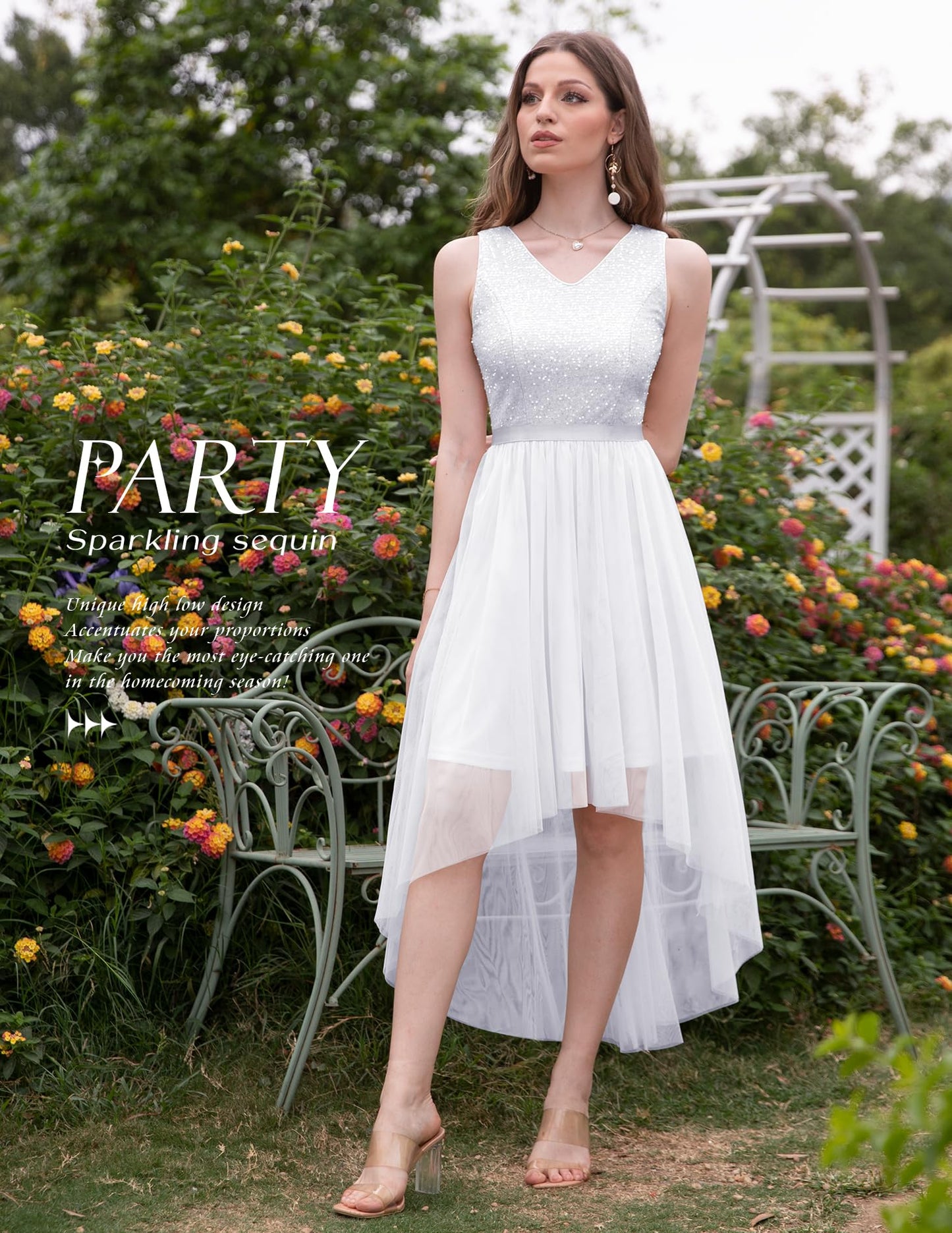 Berylove Kleid Festlich Damen Abendkleid mit Pailletten Cocktailkleid Ballkleid Lang Glitzer V Ausschnitt Ärmellos Tüllkleid