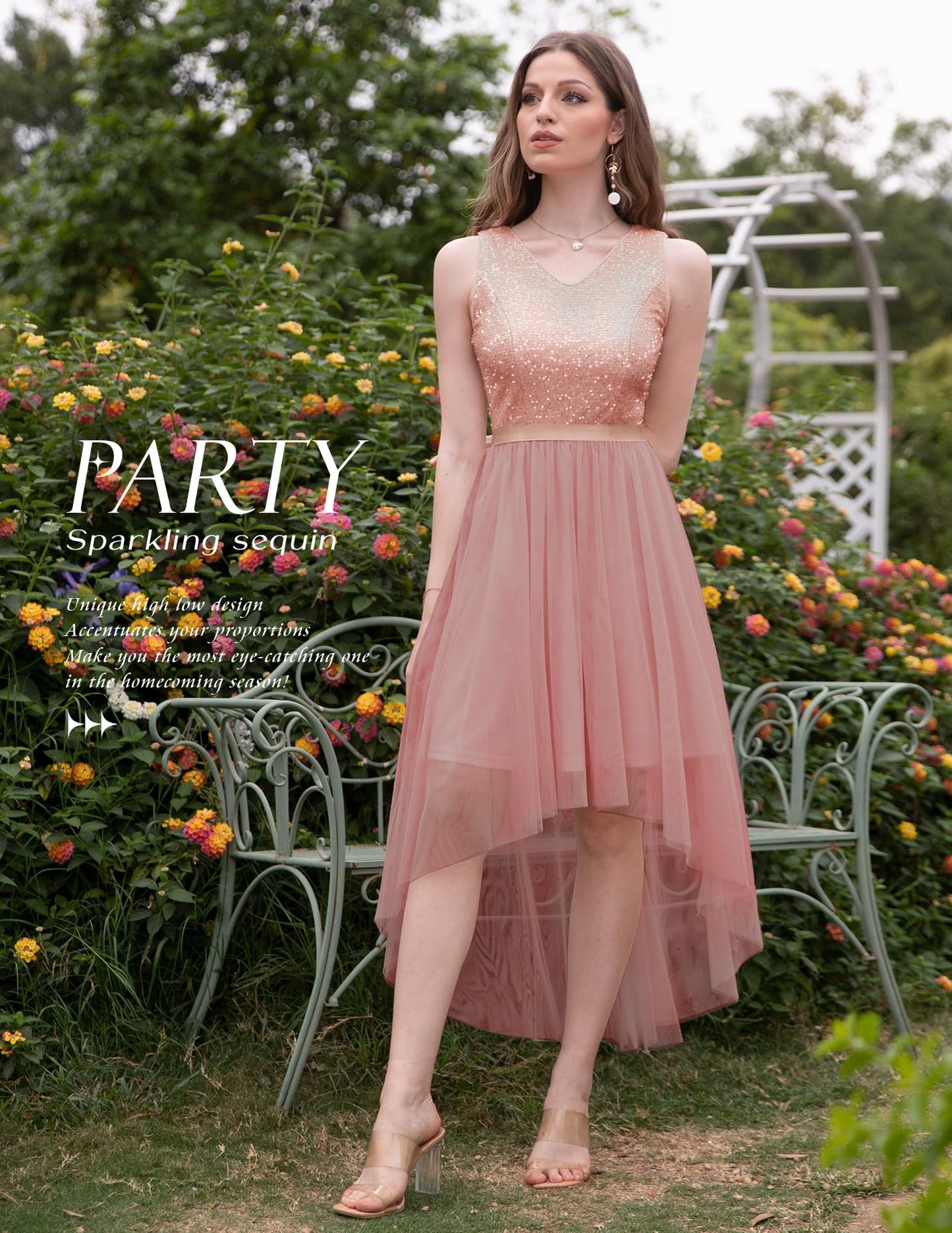 Berylove Kleid Festlich Damen Abendkleid mit Pailletten Cocktailkleid Ballkleid Lang Glitzer V Ausschnitt Ärmellos Tüllkleid