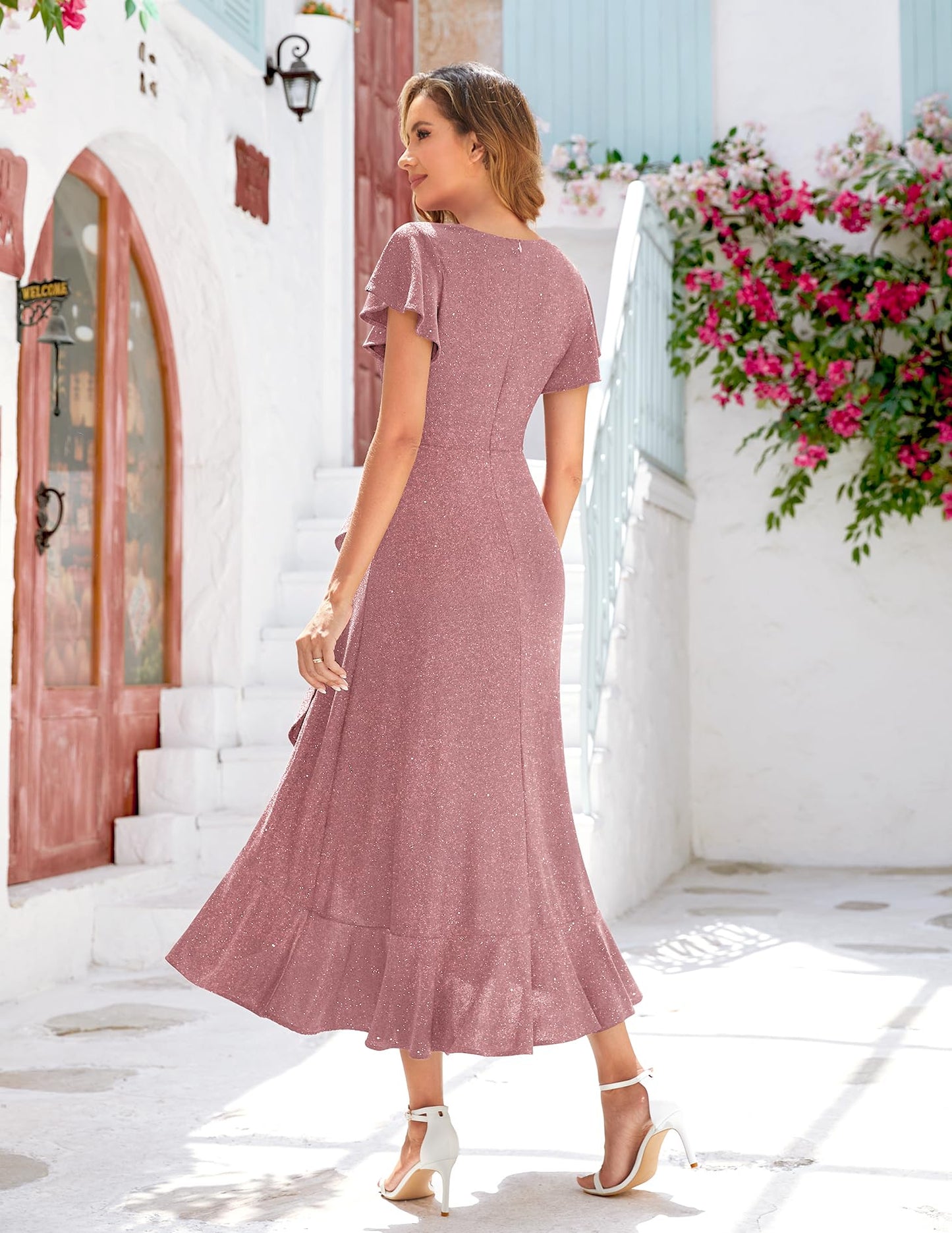 Berylove Damen Abendkleid Lang Glitzer Ballkleid mit Rüschen Saum Kleid Festliche Kleider für Hochzeit Partykleid
