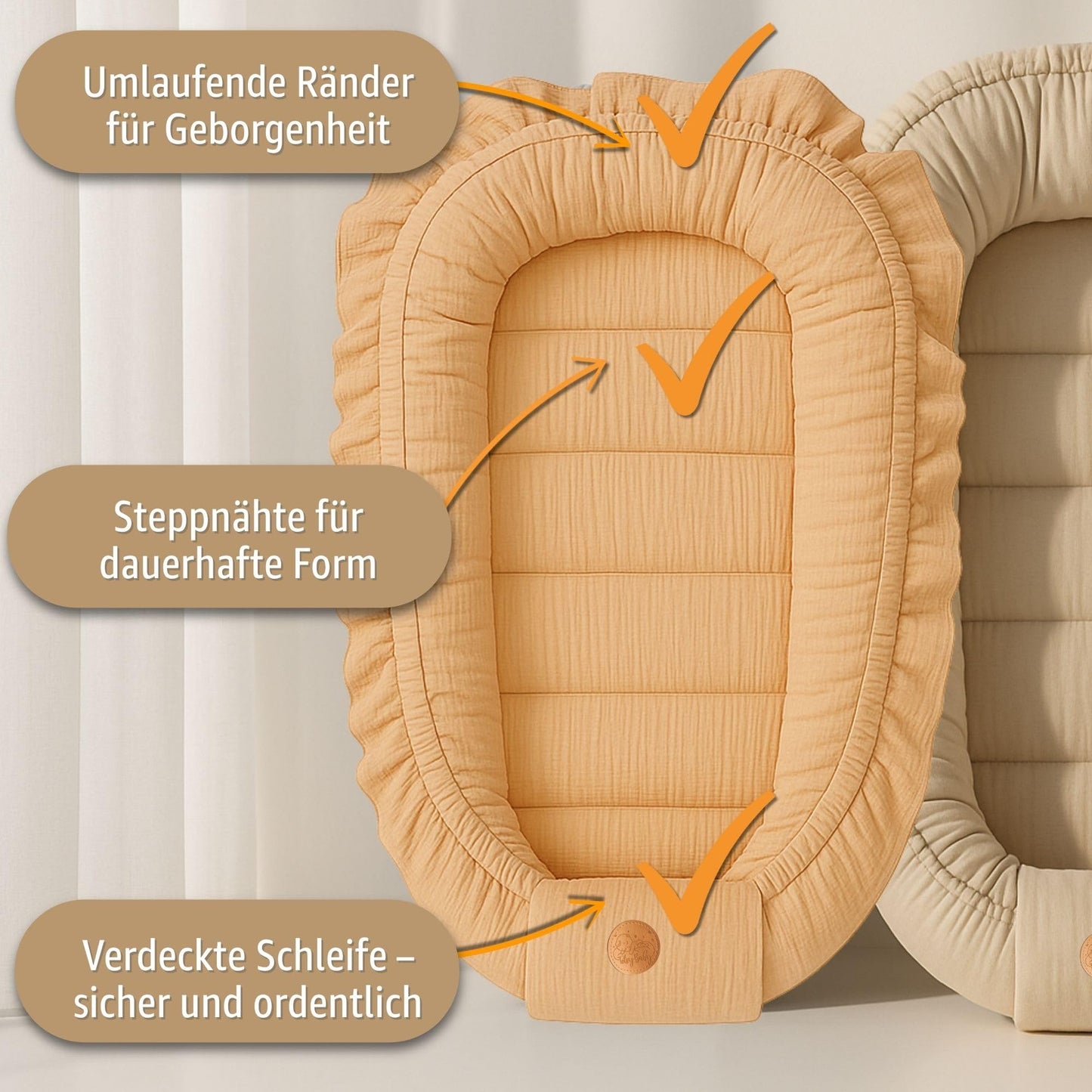 Musselin Babynest Nestchen Baby 90x50 cm - Babynestchen Neugeborene Nest für Kinder Bett und Babybett tragbar Kuschelnest Coccon für Jungen und Mädchen Baumwolle Grau