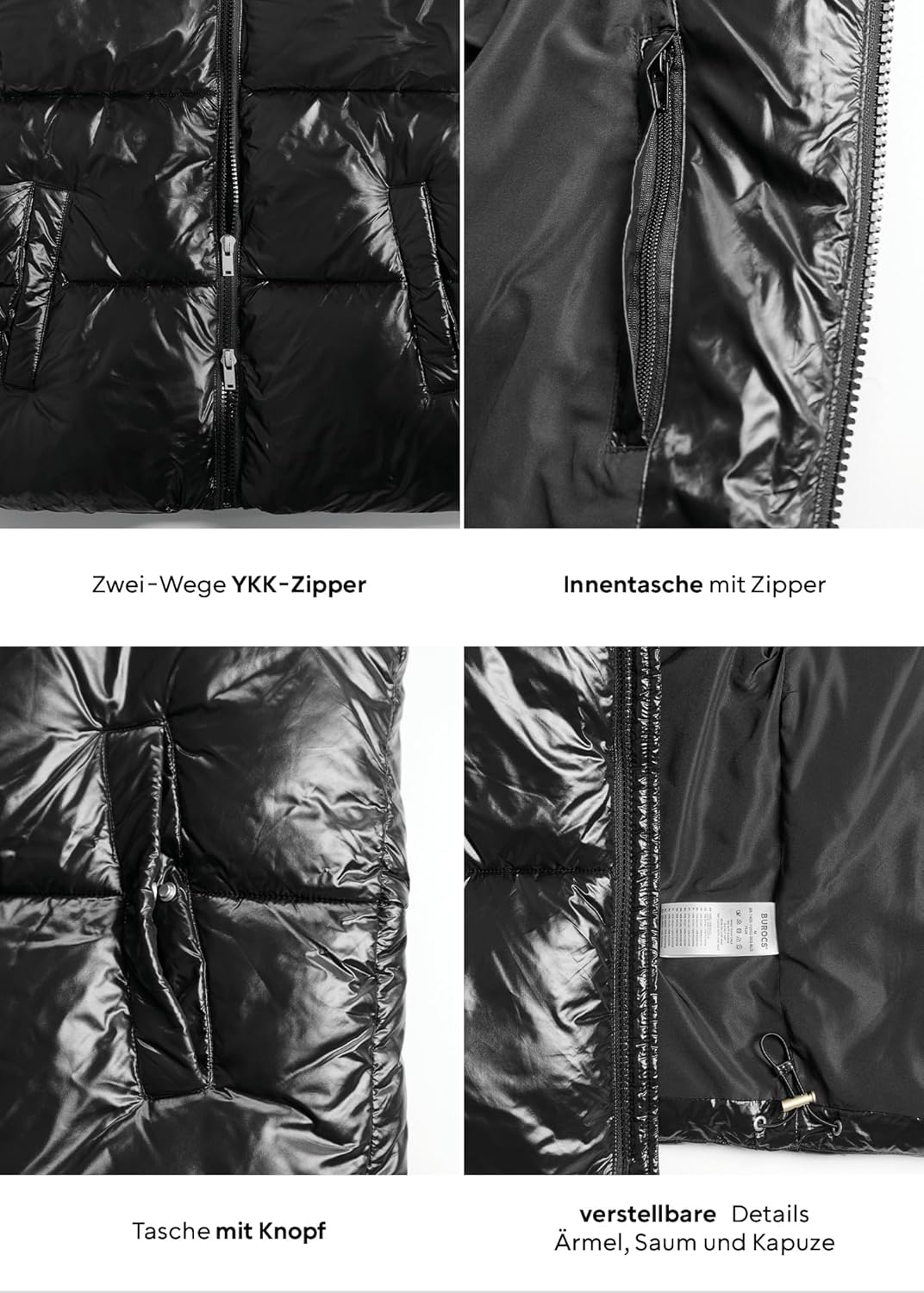 Burocs Hooded Puffer Jacket - Black Glossy - Oversized Herrenjacke - abnehmbare Kapuze - Reißverschluss - Innentasche