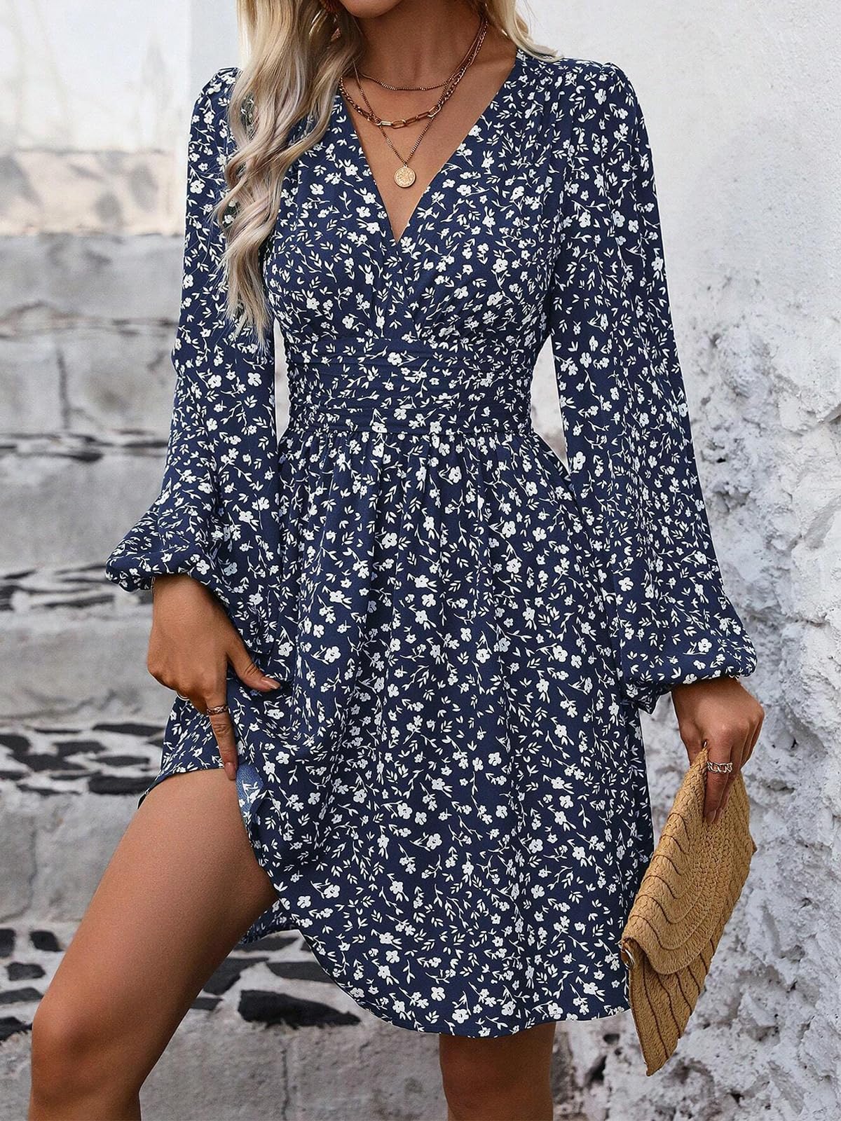 LIAMERHE Damen Elegant Kleid Langarm/Kurze Ärmel V-Ausschnitt Casual Kleider A-Linie Blumenmuster Minikleid Freizeitkleider Sommer Herbst Winter Laternenärmeln Kleid Partykleid