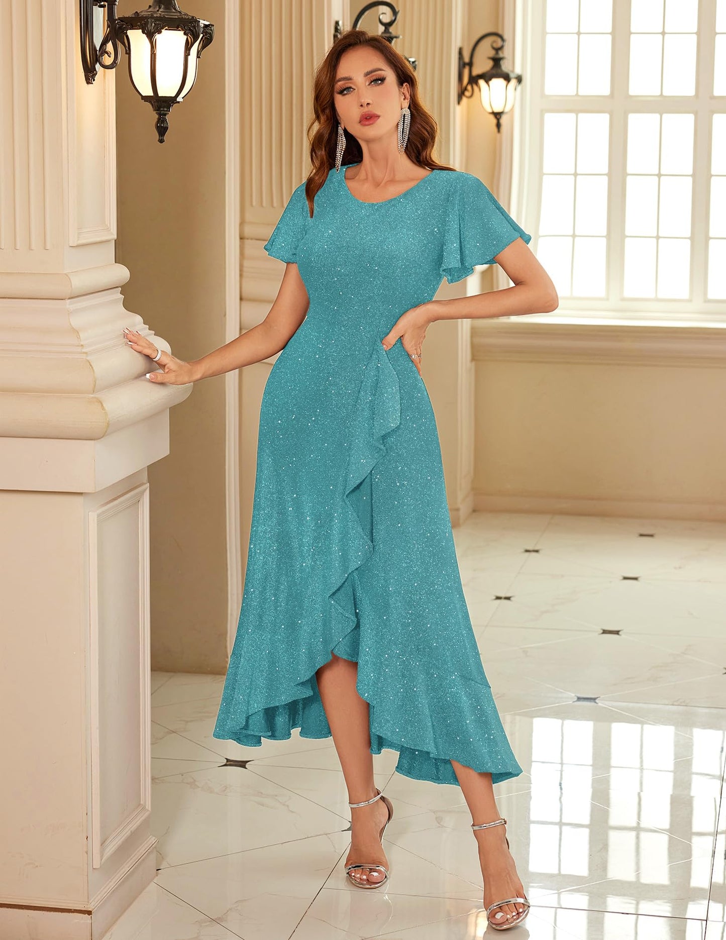 Berylove Damen Abendkleid Lang Glitzer Ballkleid mit Rüschen Saum Kleid Festliche Kleider für Hochzeit Partykleid