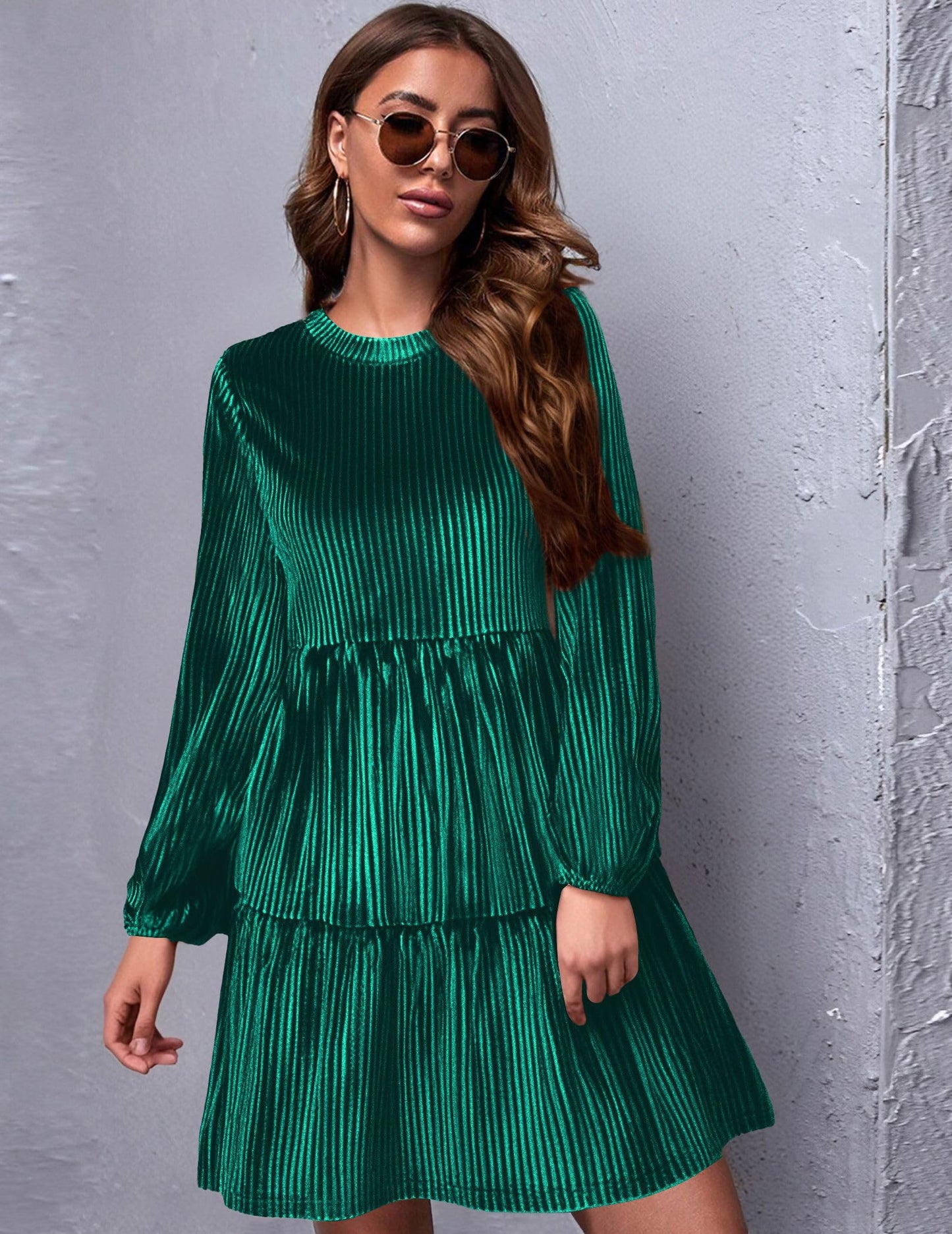 Zeagoo Damen Kleider Langarm Elegant Samtkleid Rundhals Rüschen A Linie Hohe Taille Freizeitkleider Winterkleid mit Taschen