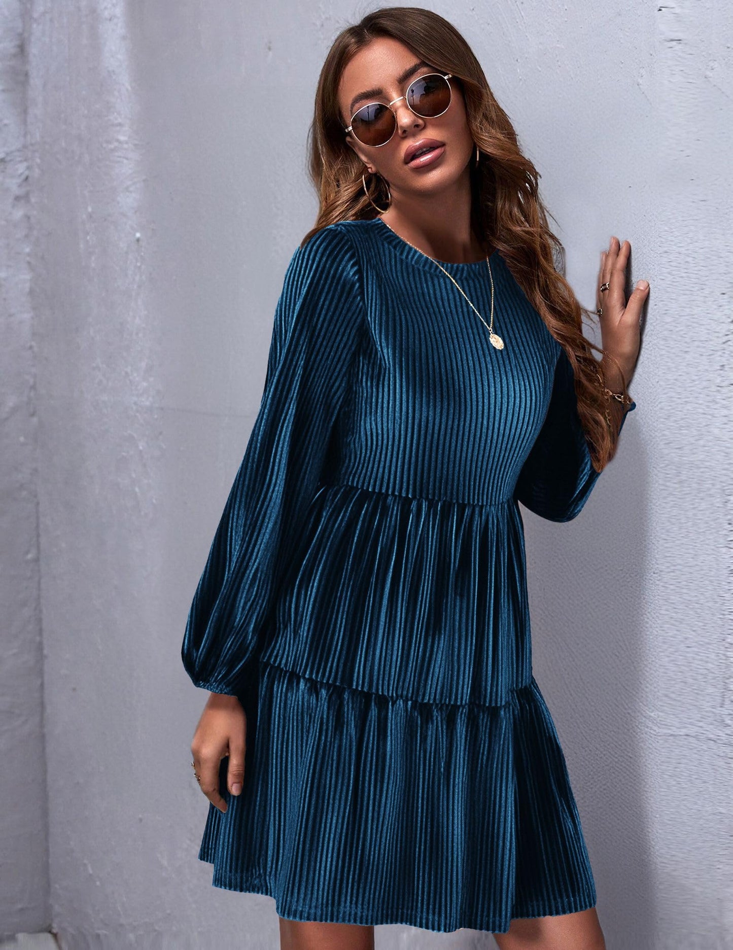 Zeagoo Damen Kleider Langarm Elegant Samtkleid Rundhals Rüschen A Linie Hohe Taille Freizeitkleider Winterkleid mit Taschen