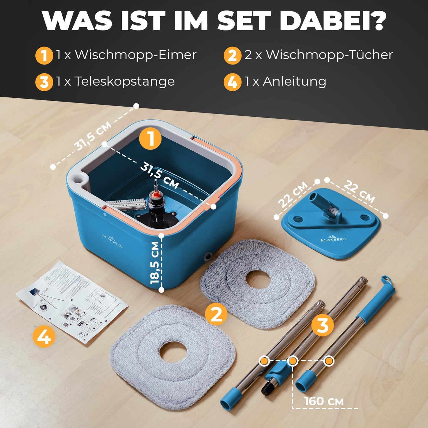 ALANBERG® Wischmopp Set mit Eimer – Zwei-Kammer-System – Trennung von Schmutz und Frischwasser – Bodenwischer für alle Bodentypen, Selbstauswringend, Mikrofaser Wischpads – Grau