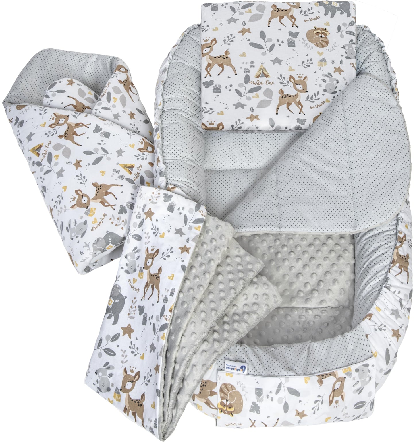 Medi Partners Babynest Nestchen Baby Set für Neugeborene - 100x60x15 Kuschelnest 5 teilig tragbar Nest zweiseitig Babynestchen Bett 100% Baumwolle (Lichtung mit grauem Minky)