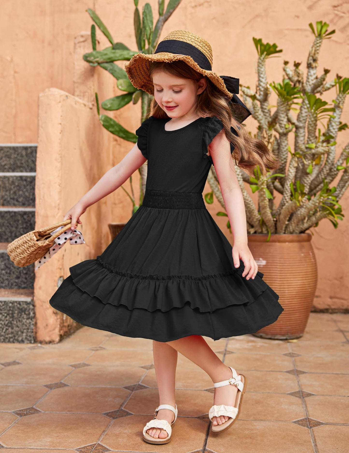 Arshiner Mädchen Kleider Flatterärmel Kinder Sommer Baumwolle Festliche Kleid A-Linie Taille Einschnüren Freizeitkleid Swingkleid Elegant ärmelloses Kleid für Mädchen 5-13 Jahre