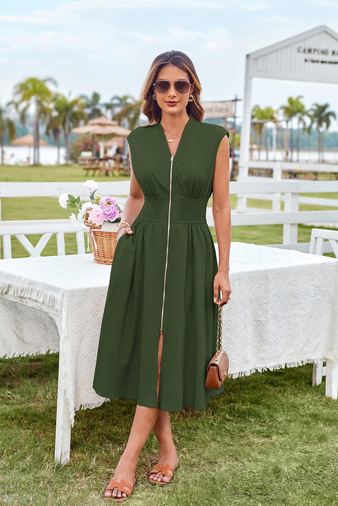 GRACE KARIN Damenkleid mit Reißverschluss vorne V-Ausschnitt A-Linie Cocktail Midi Party Hochzeitskleid mit Tasche