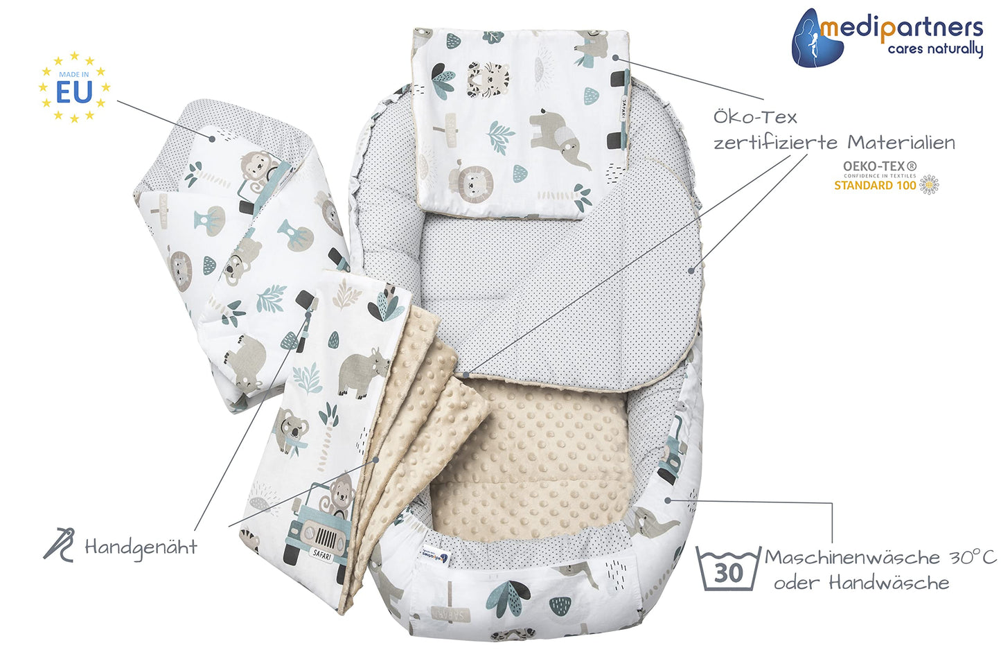 Medi Partners Babynest Nestchen Baby Set für Neugeborene - 100x60x15 Kuschelnest 5 teilig tragbar Nest zweiseitig Babynestchen Bett 100% Baumwolle (Lichtung mit grauem Minky)