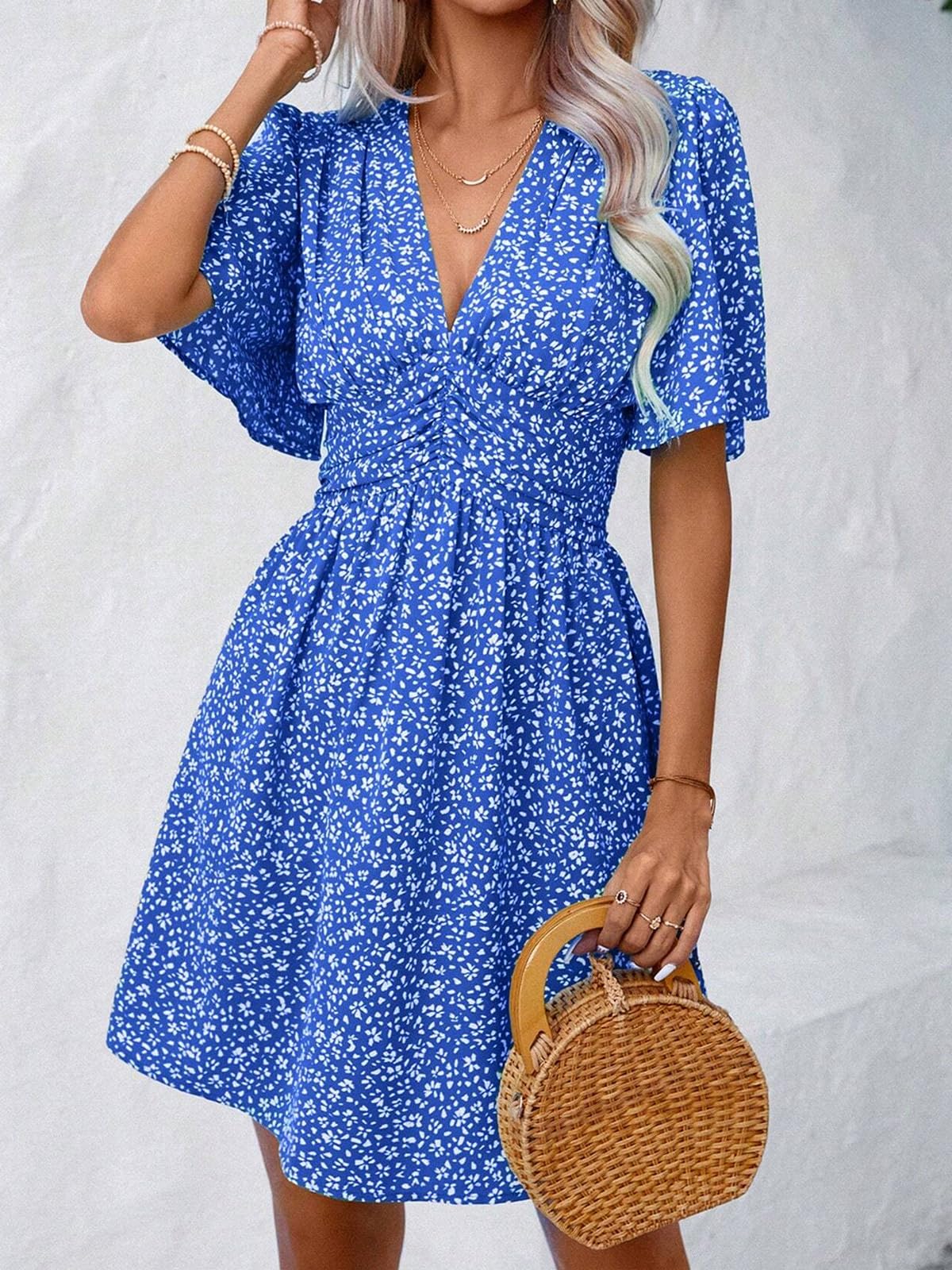 LIAMERHE Damen Elegant Kleid Langarm/Kurze Ärmel V-Ausschnitt Casual Kleider A-Linie Blumenmuster Minikleid Freizeitkleider Sommer Herbst Winter Laternenärmeln Kleid Partykleid