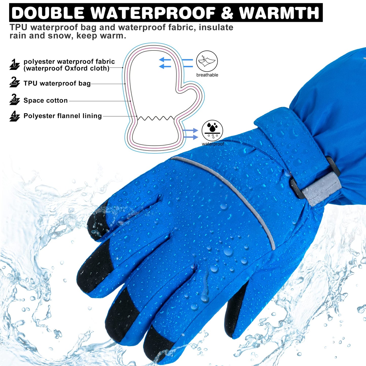 ThxToms Children's Ski Gloves, Winter Ski Gloves, -15°C, Windproof, Waterproof, Warm, Oxford Palm, Thickened for Cold Weather, Outdoor Sports, Snowboarding, Skiing, for Boys and Girls