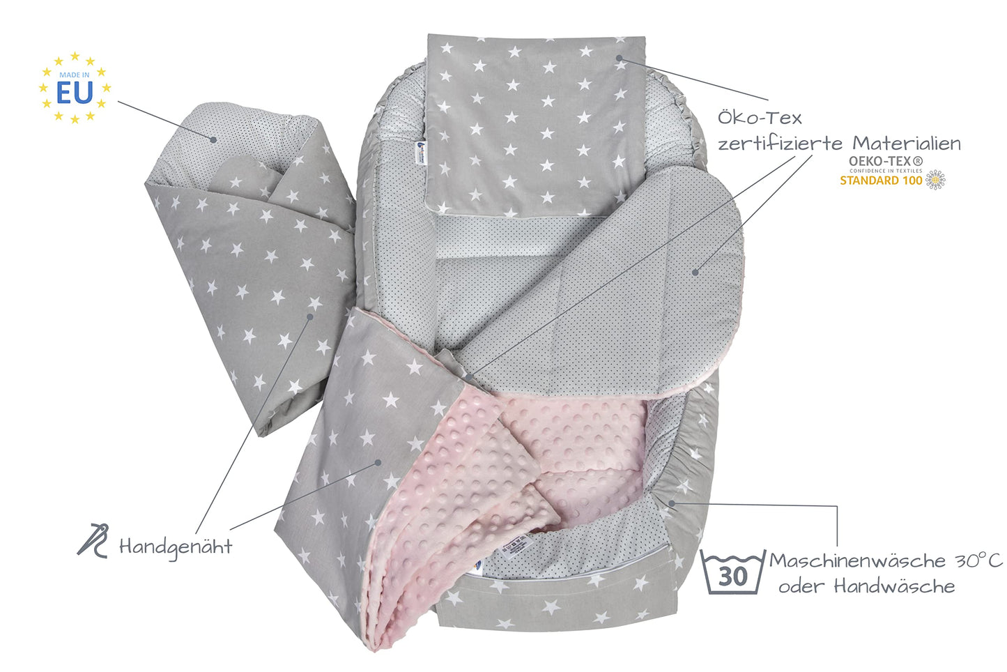 Medi Partners Babynest Nestchen Baby Set für Neugeborene - 100x60x15 Kuschelnest 5 teilig tragbar Nest zweiseitig Babynestchen Bett 100% Baumwolle (Lichtung mit grauem Minky)