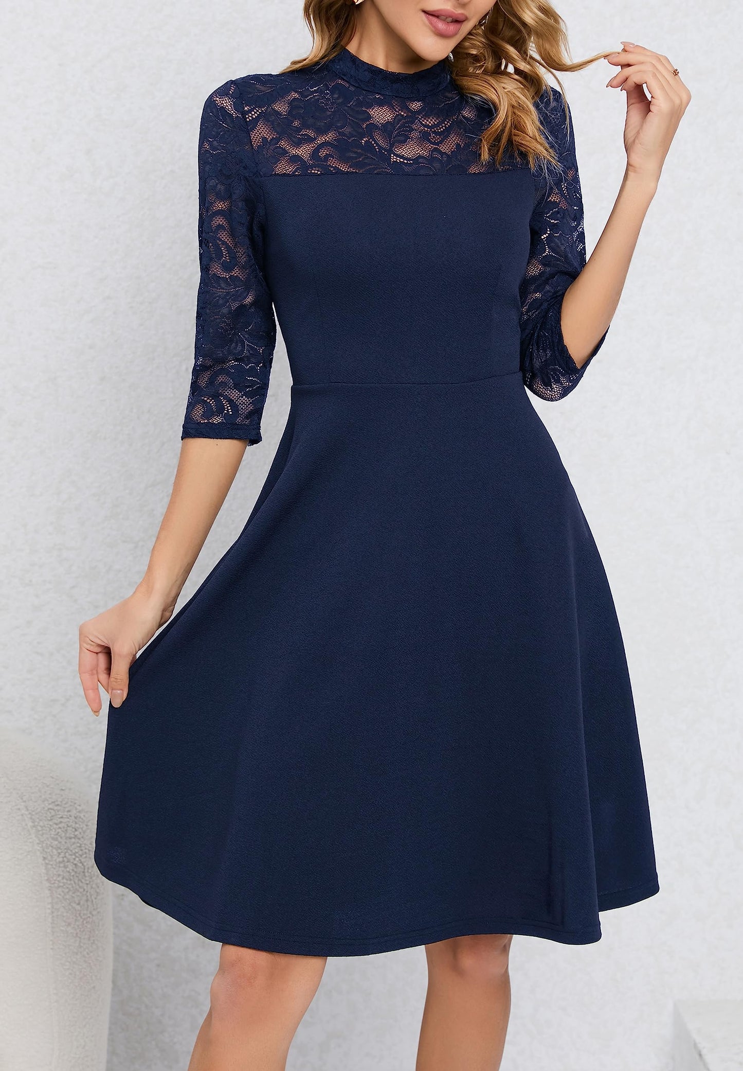 HOMEYEE Damen Elegant Spitze 3/4 Ärmel Rockabilly Kleid Retro Knielang Cocktailkleid für Hochzeit A368